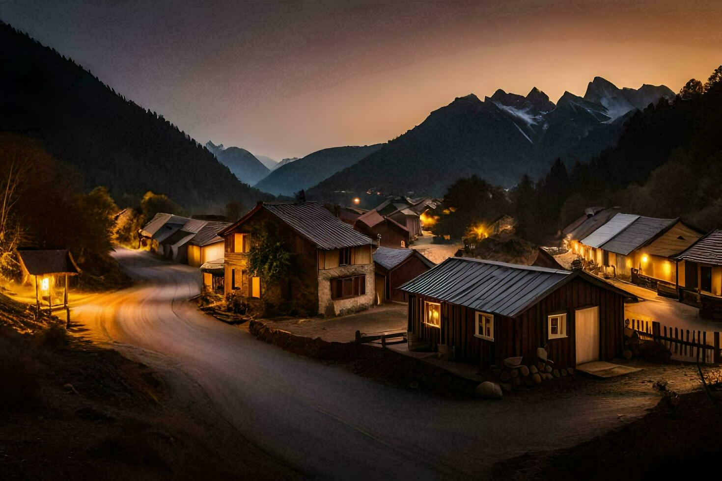 photo wallpaper the sky, mountains, houses, the night, the village, the mountains, the. AI-Generated