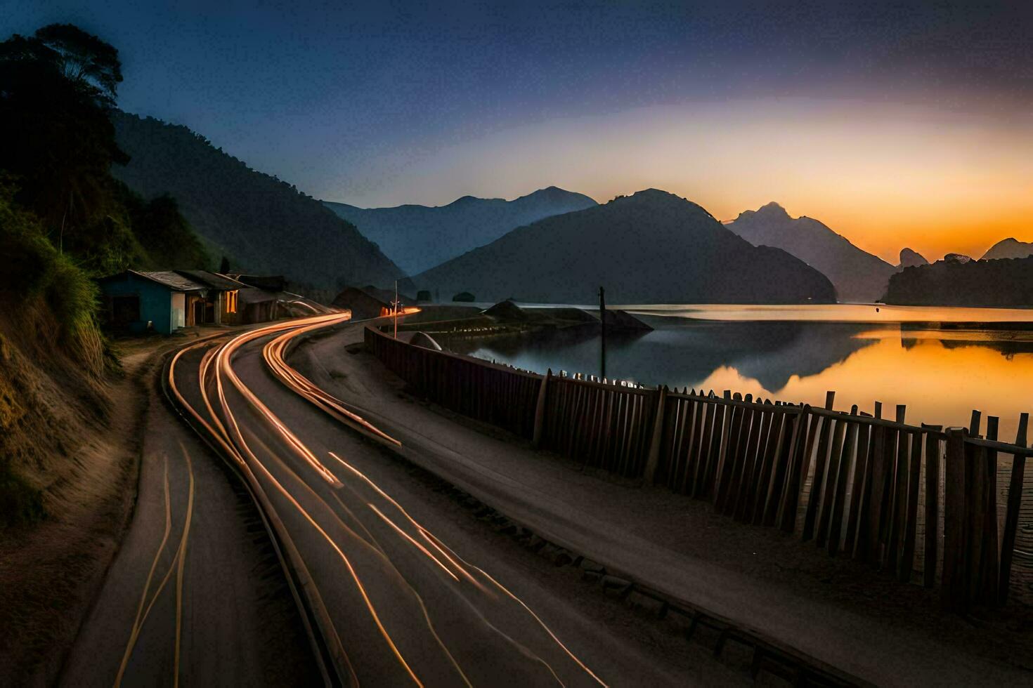 un largo exposición fotografía de un la carretera y agua a puesta de sol. generado por ai foto
