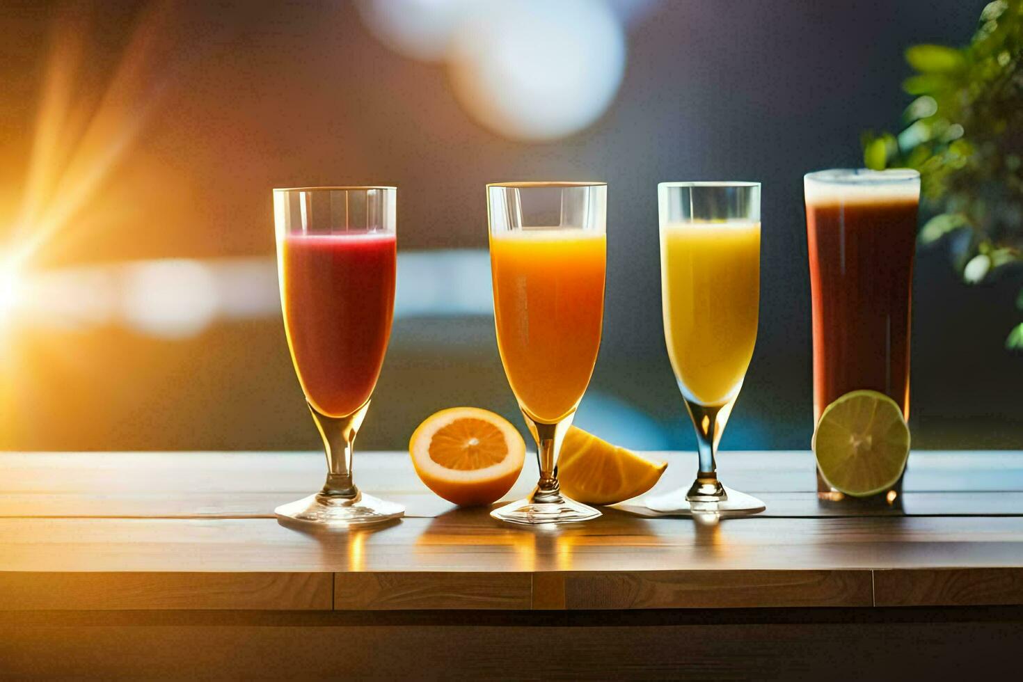three glasses of orange juice on a table. AI-Generated photo