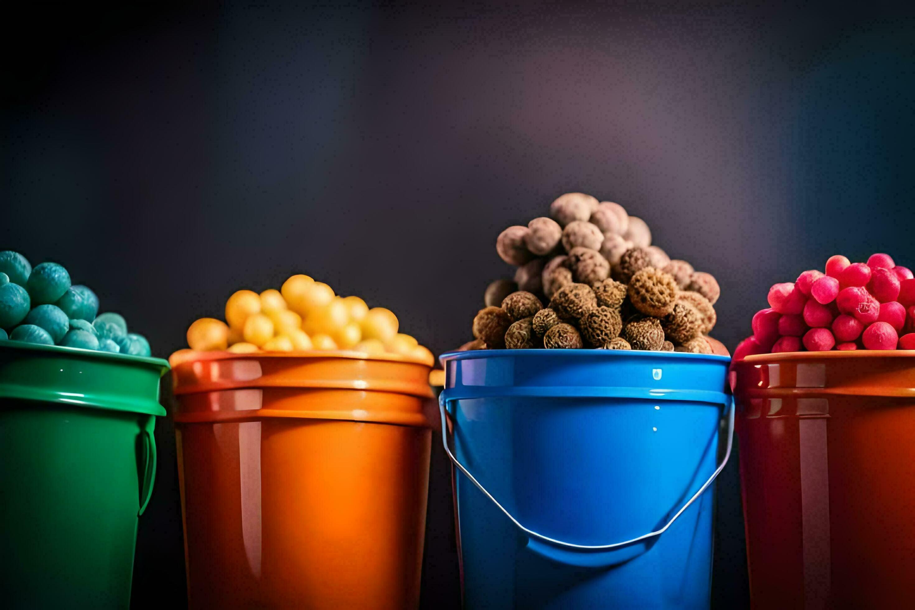 colorful buckets of candy on a dark background. AI-Generated 33375367