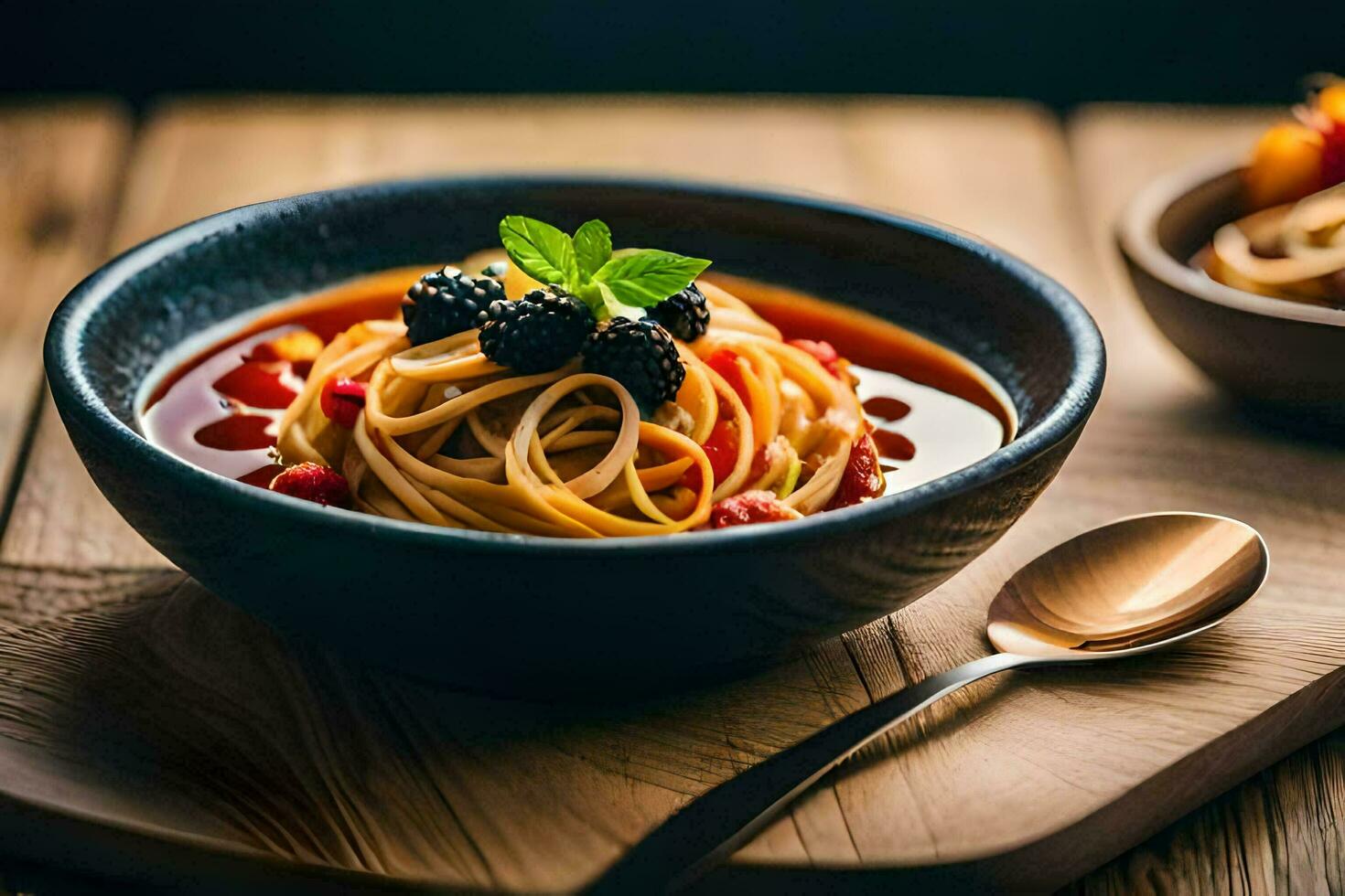 a bowl of pasta with blackberries and tomatoes. AI-Generated photo