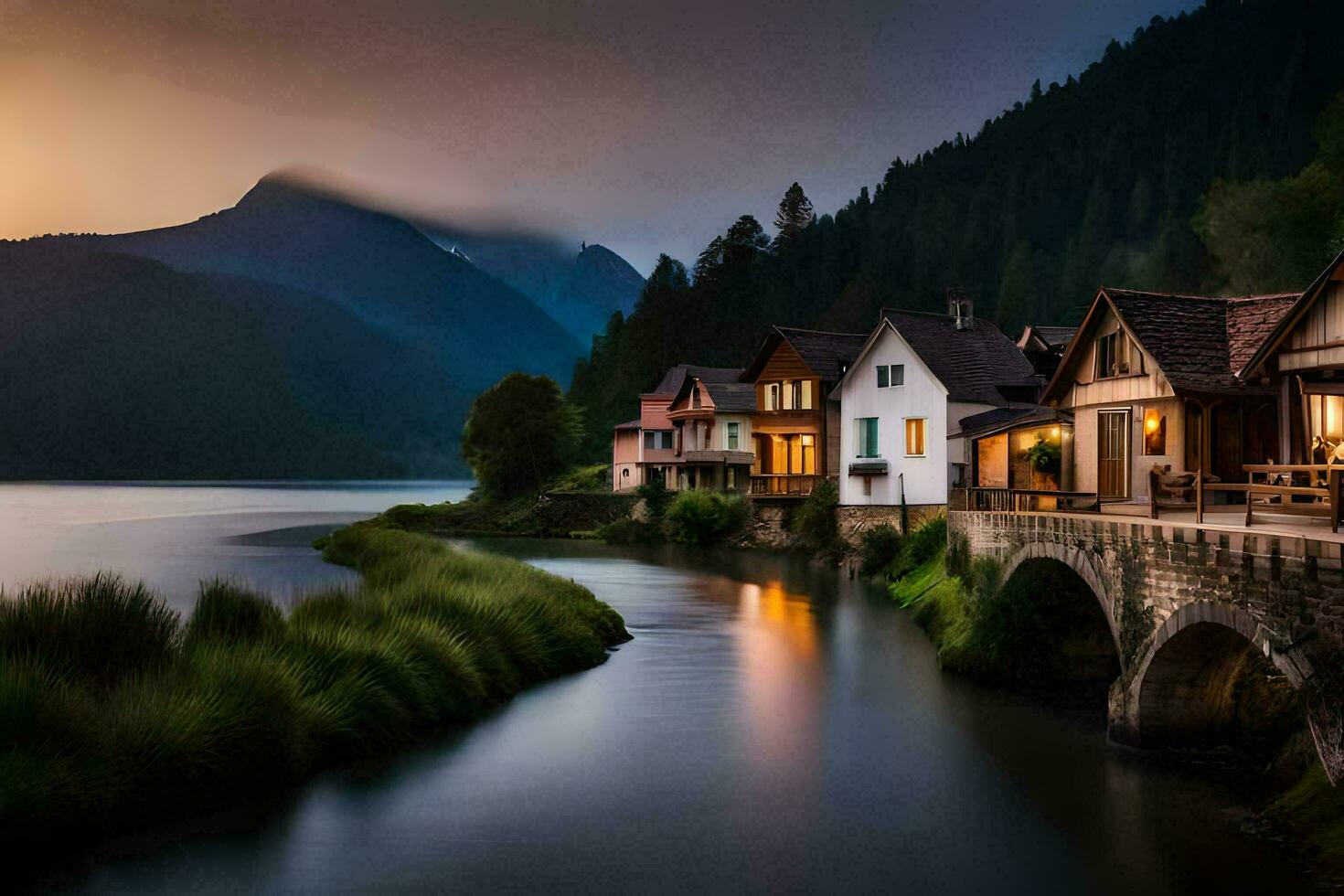 photo wallpaper the sky, mountains, water, houses, bridge, river, lake, house,. AI-Generated