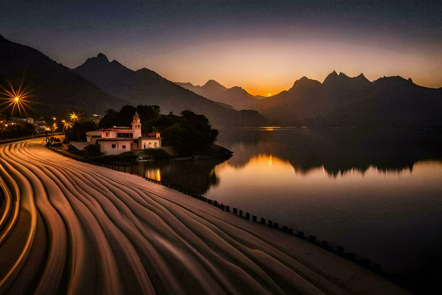 a long exposure photograph of a road and a lake at sunset. AI-Generated photo