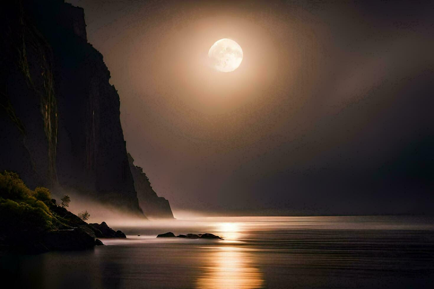 a full moon is seen over the ocean in the dark. AI-Generated photo