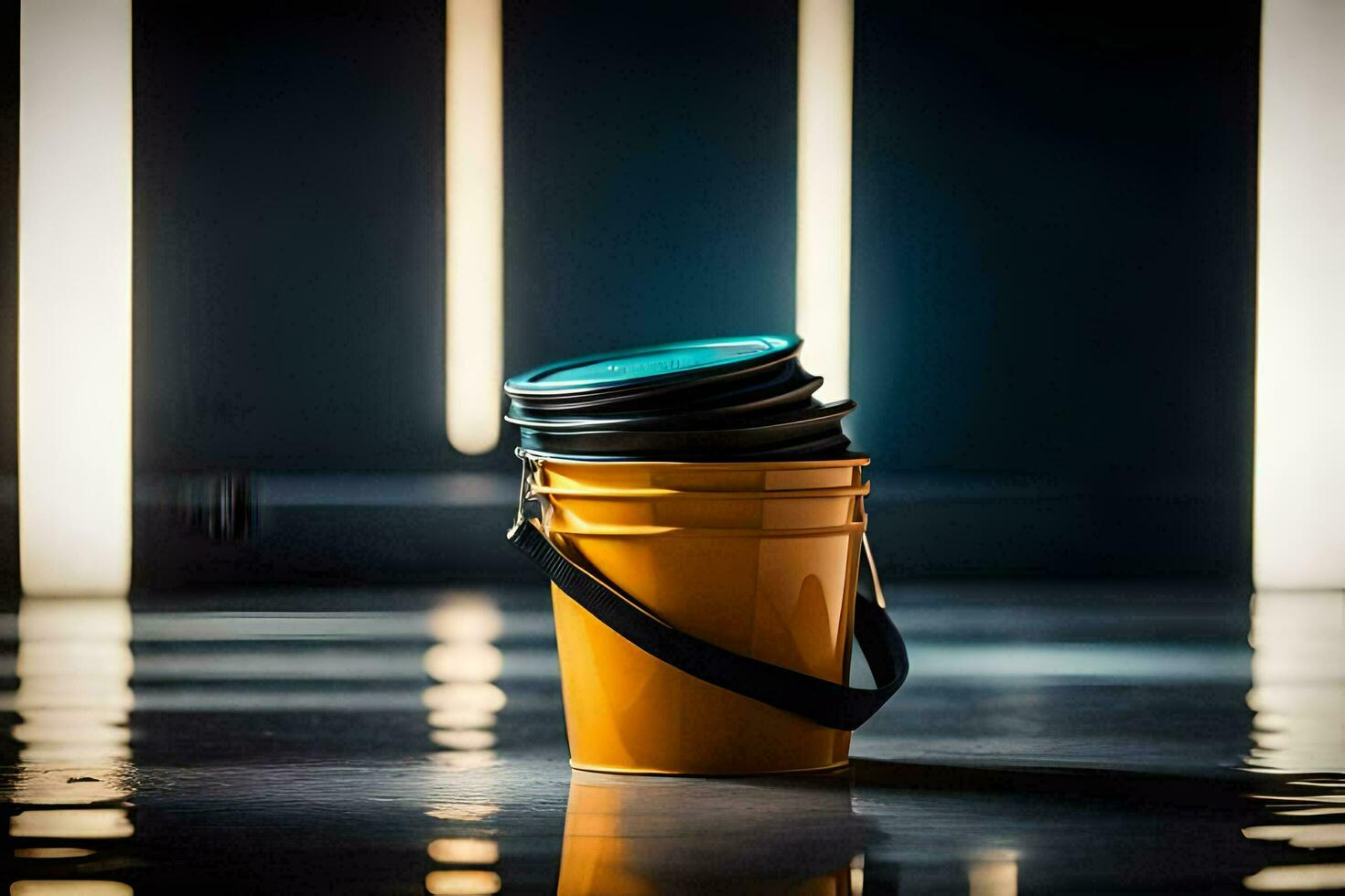a yellow bucket with black handles sitting on a floor. AI-Generated photo