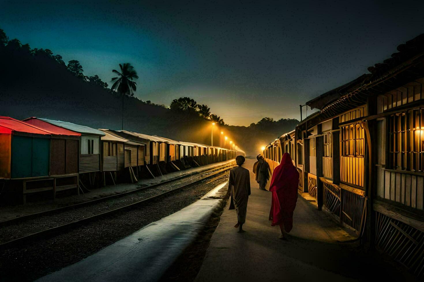 two people walk down a train track at night. AI-Generated photo