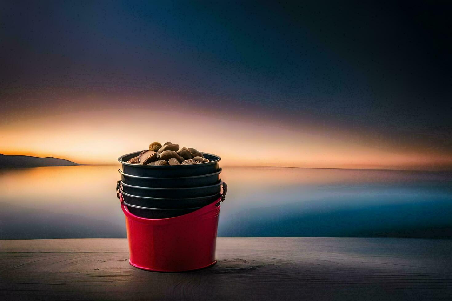 a bucket of peanuts on a table in front of the ocean. AI-Generated photo