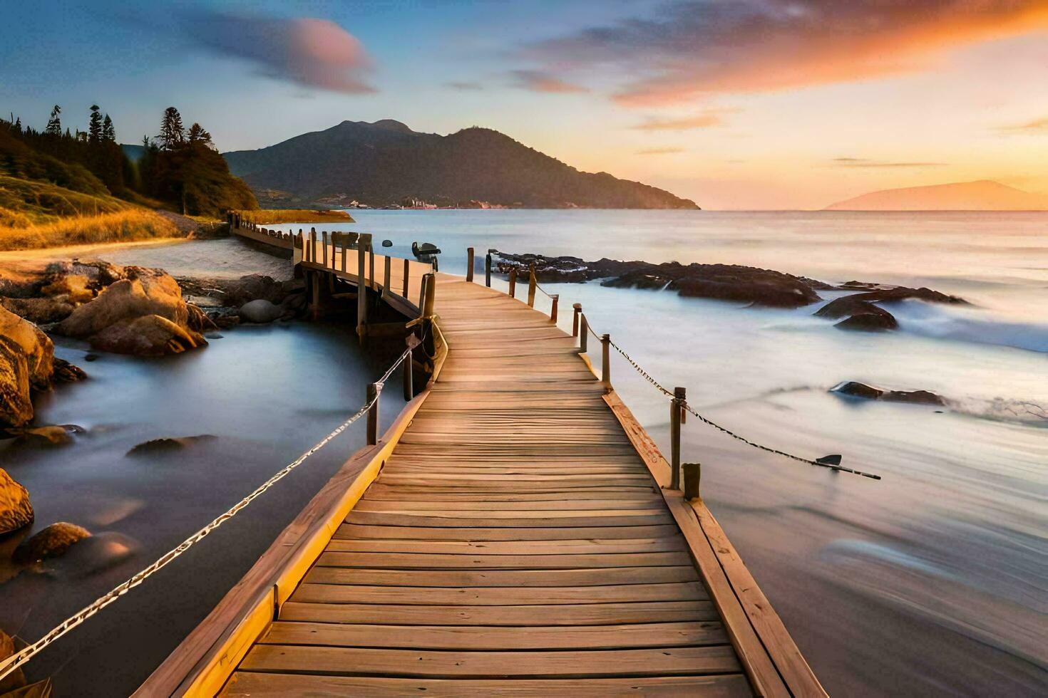 a wooden boardwalk leads to the ocean at sunset. AI-Generated photo