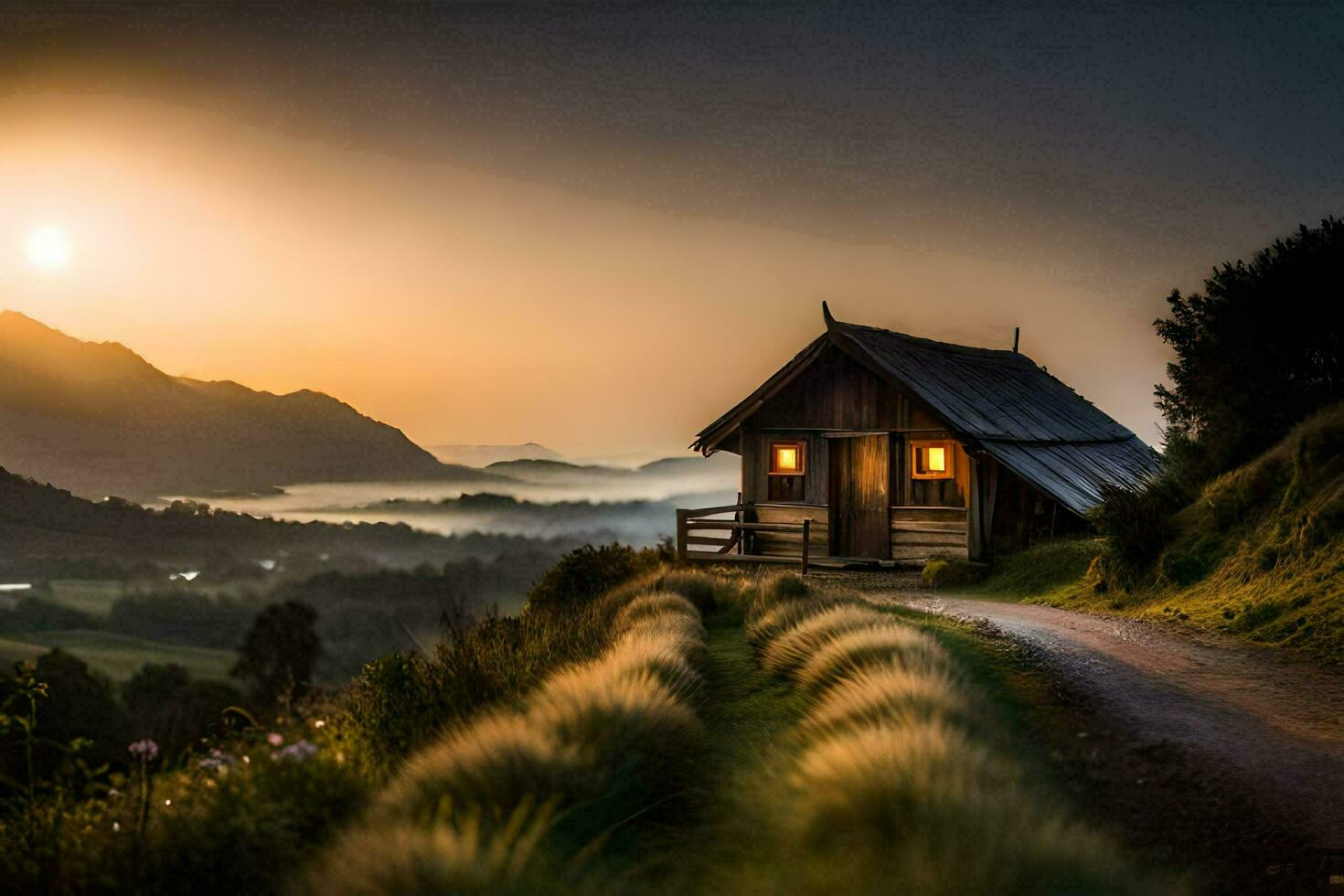 the sun rises over a small wooden house in the mountains. AI-Generated photo