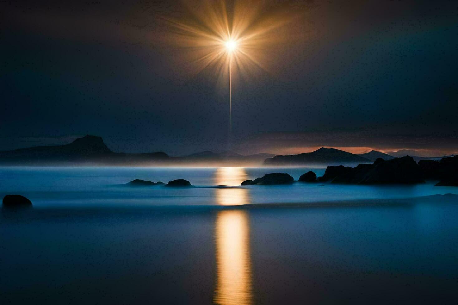 the sun shines over the ocean and rocks. AI-Generated photo