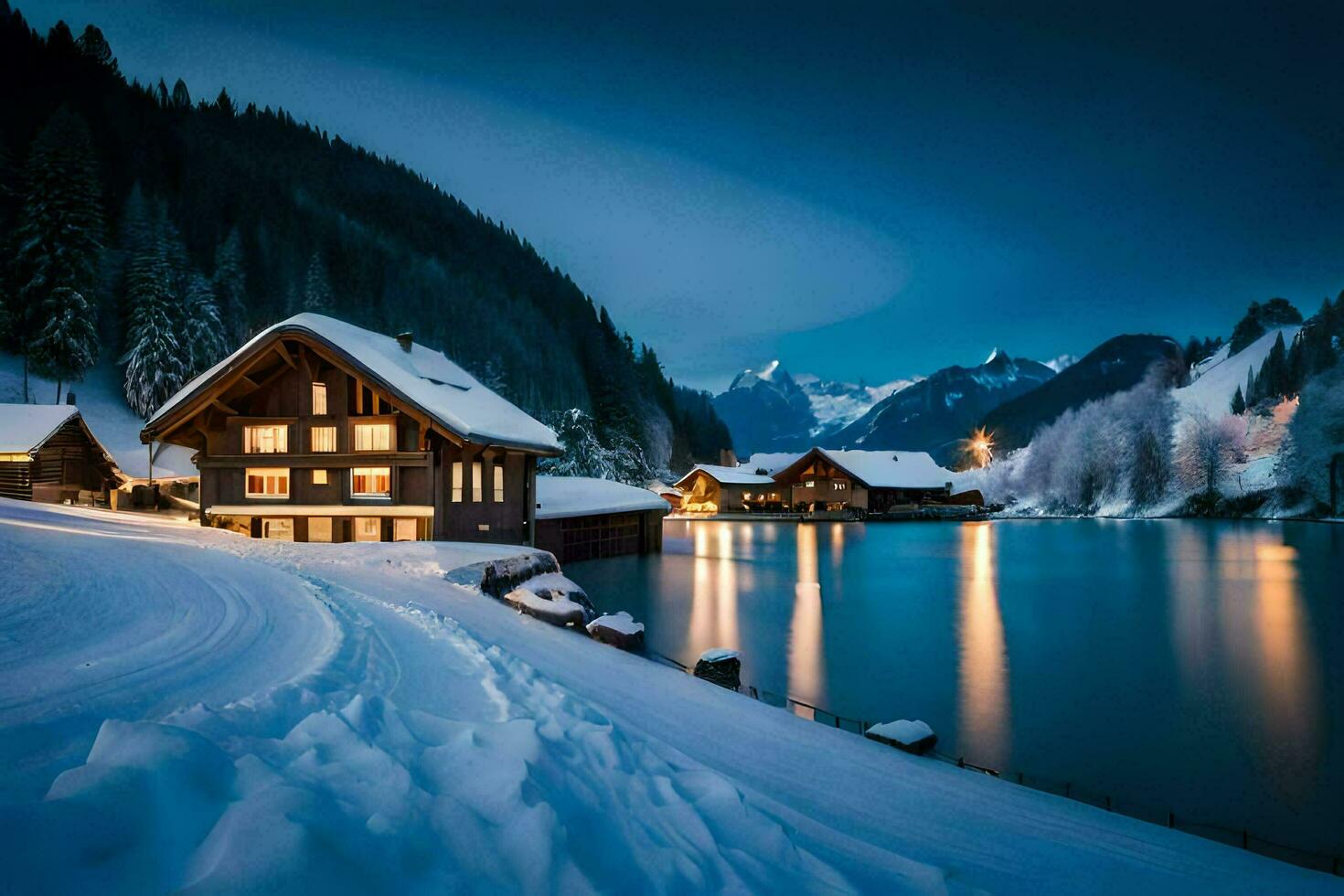a lake and a cabin in the snow at night. AI-Generated photo
