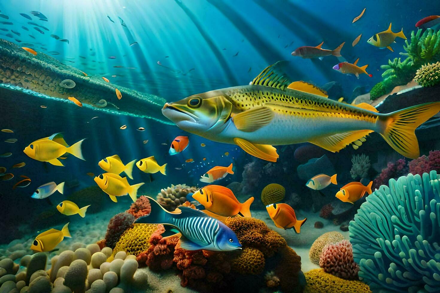 fish swimming in the ocean with coral reefs. AI-Generated photo