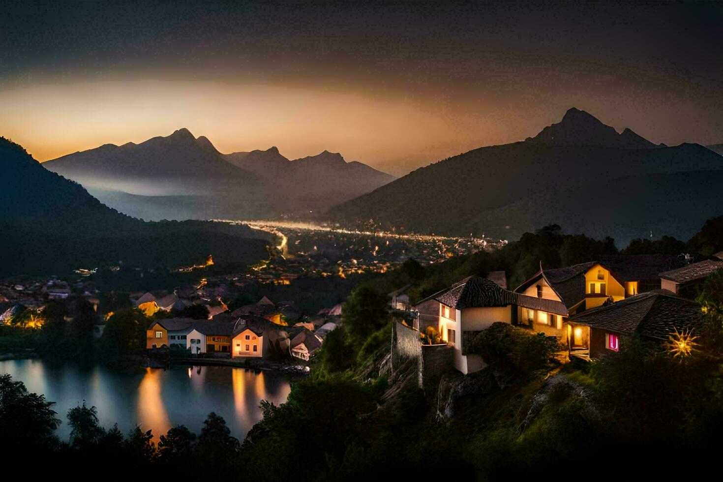 un pueblo y lago a oscuridad en el montañas. generado por ai foto