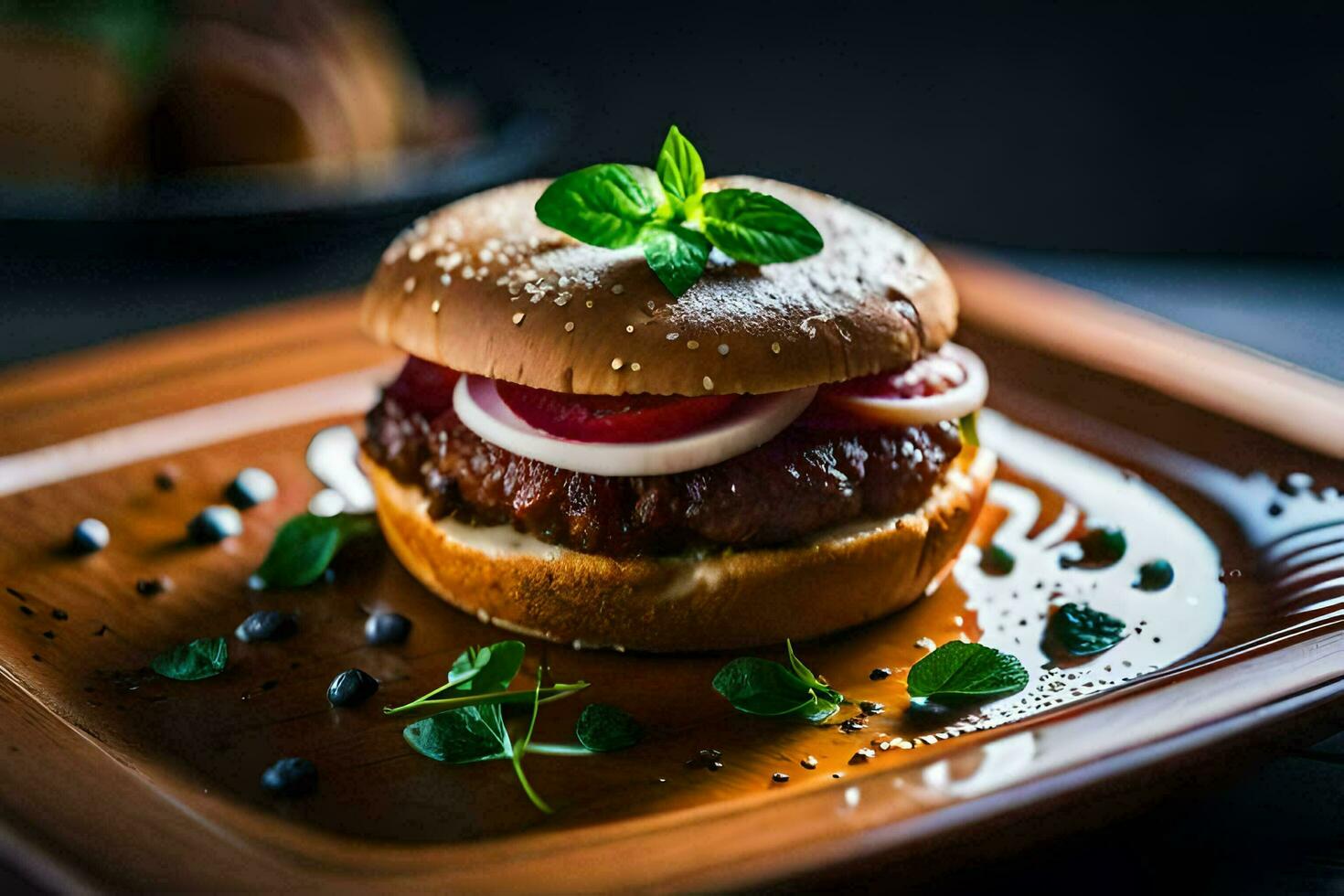 a hamburger with onions and pickles on a brown plate. AI-Generated photo