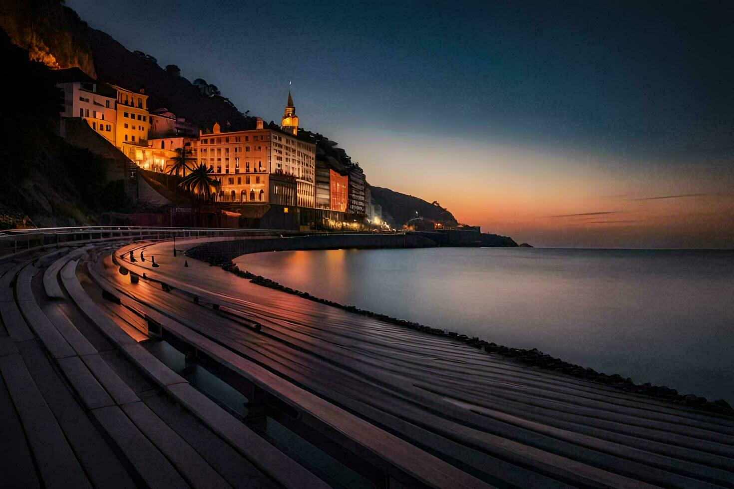 un de madera paseo marítimo a lo largo el costa a noche. generado por ai foto