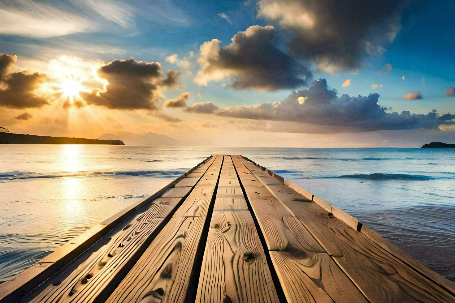 a wooden pier stretches out into the ocean at sunset. AI-Generated photo