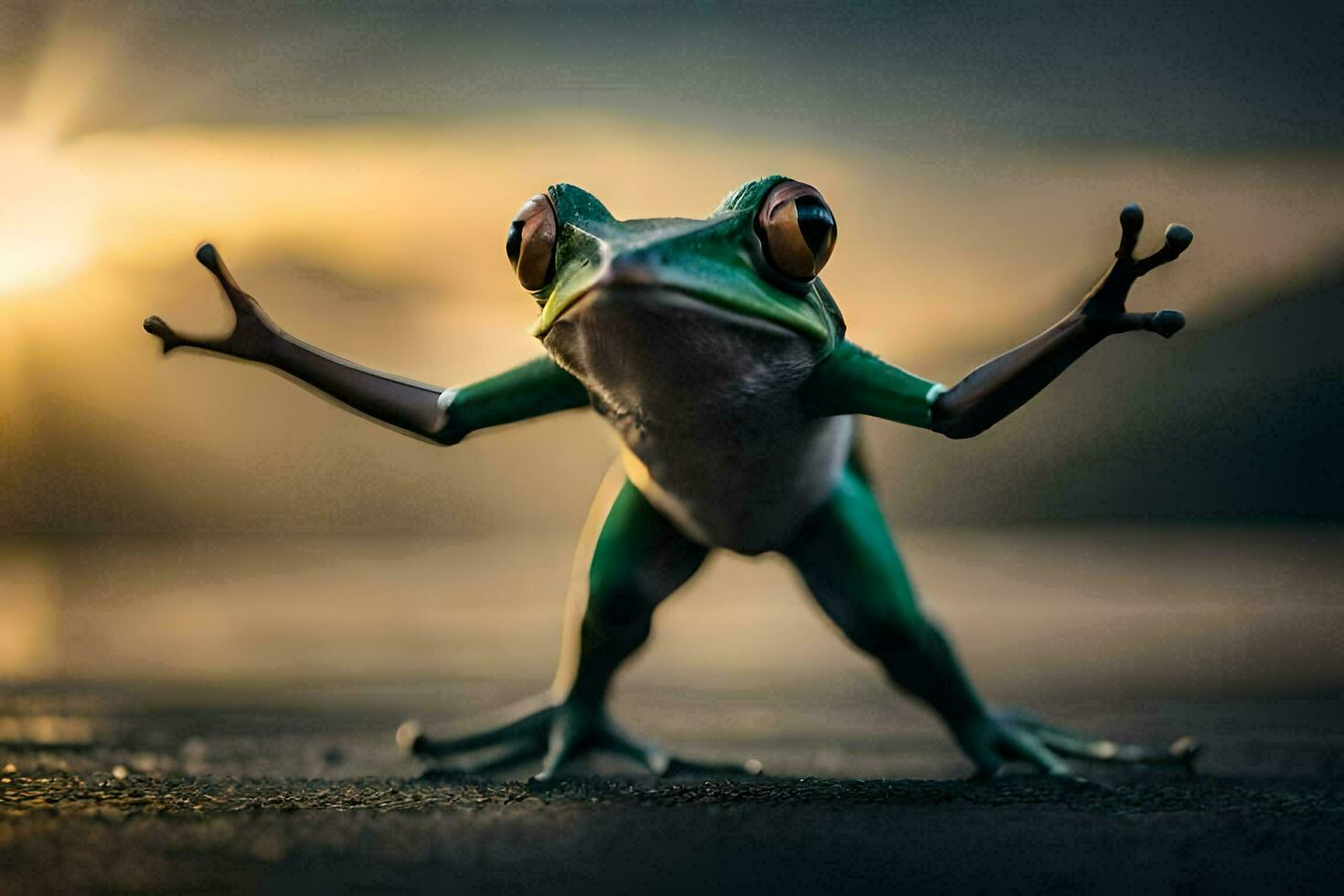 a frog standing on its hind legs with its arms outstretched. AI-Generated photo