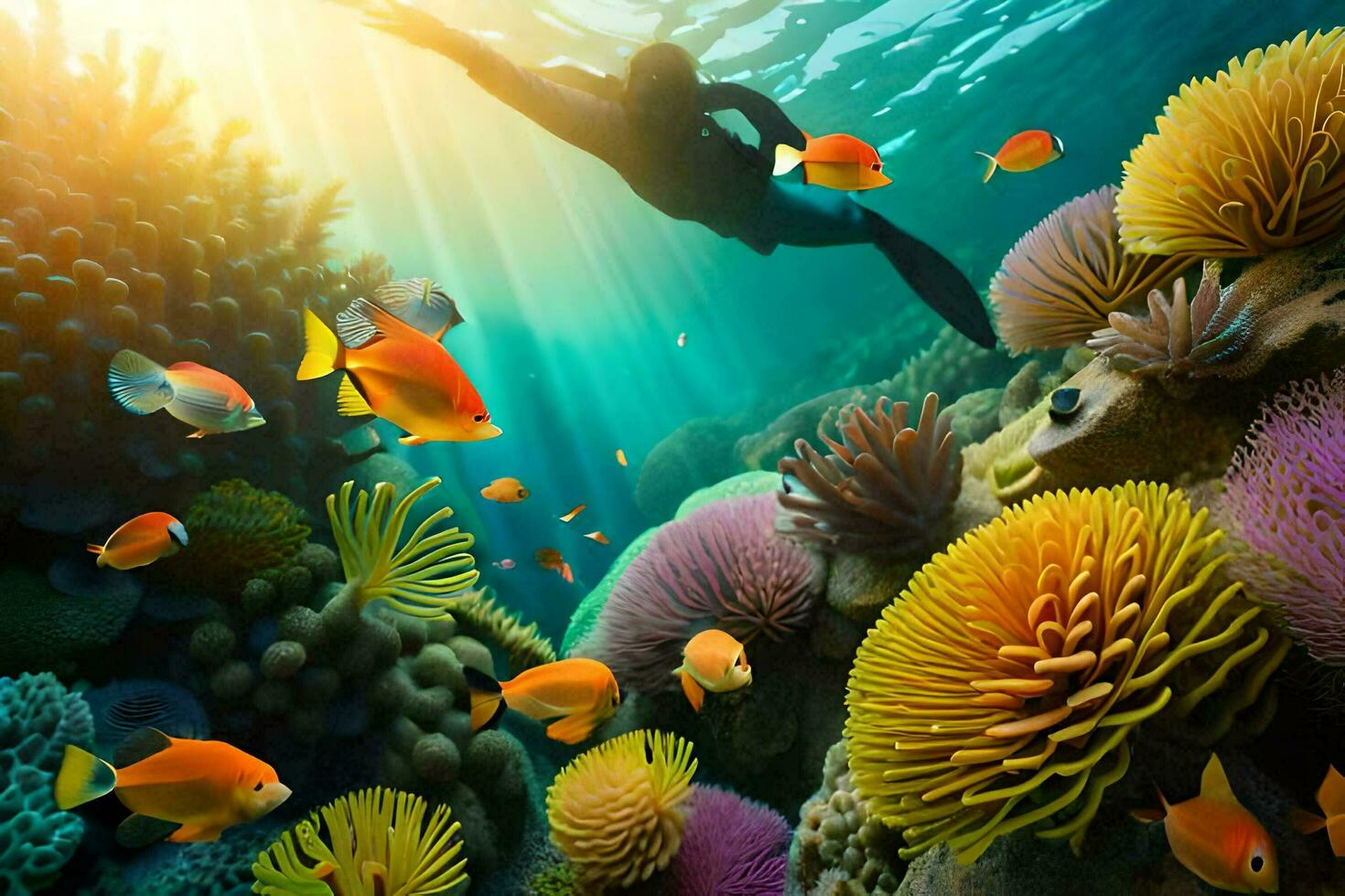 a man swims over a coral reef with colorful fish. AI-Generated photo