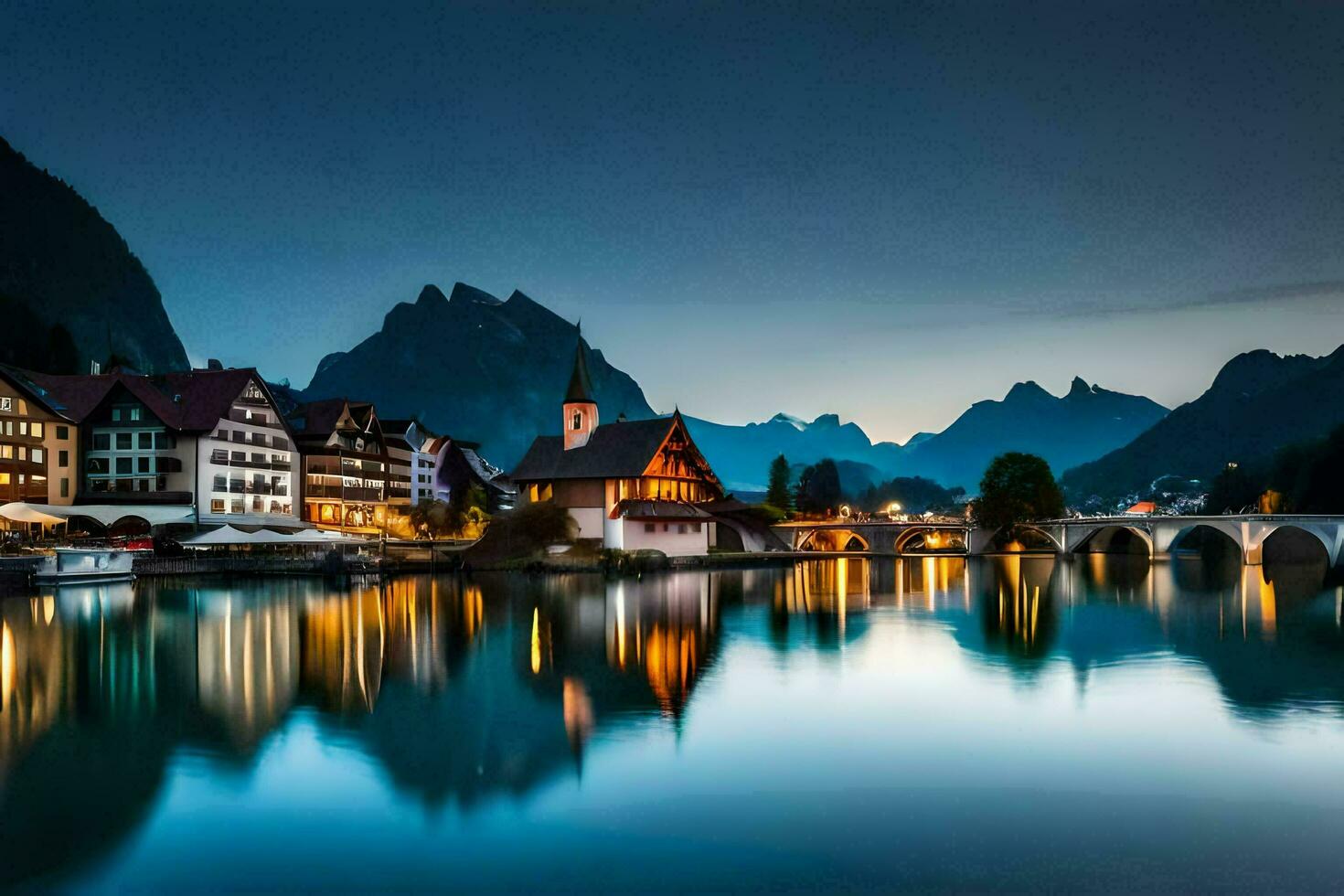 el pueblo de Hallstatt a oscuridad. generado por ai foto