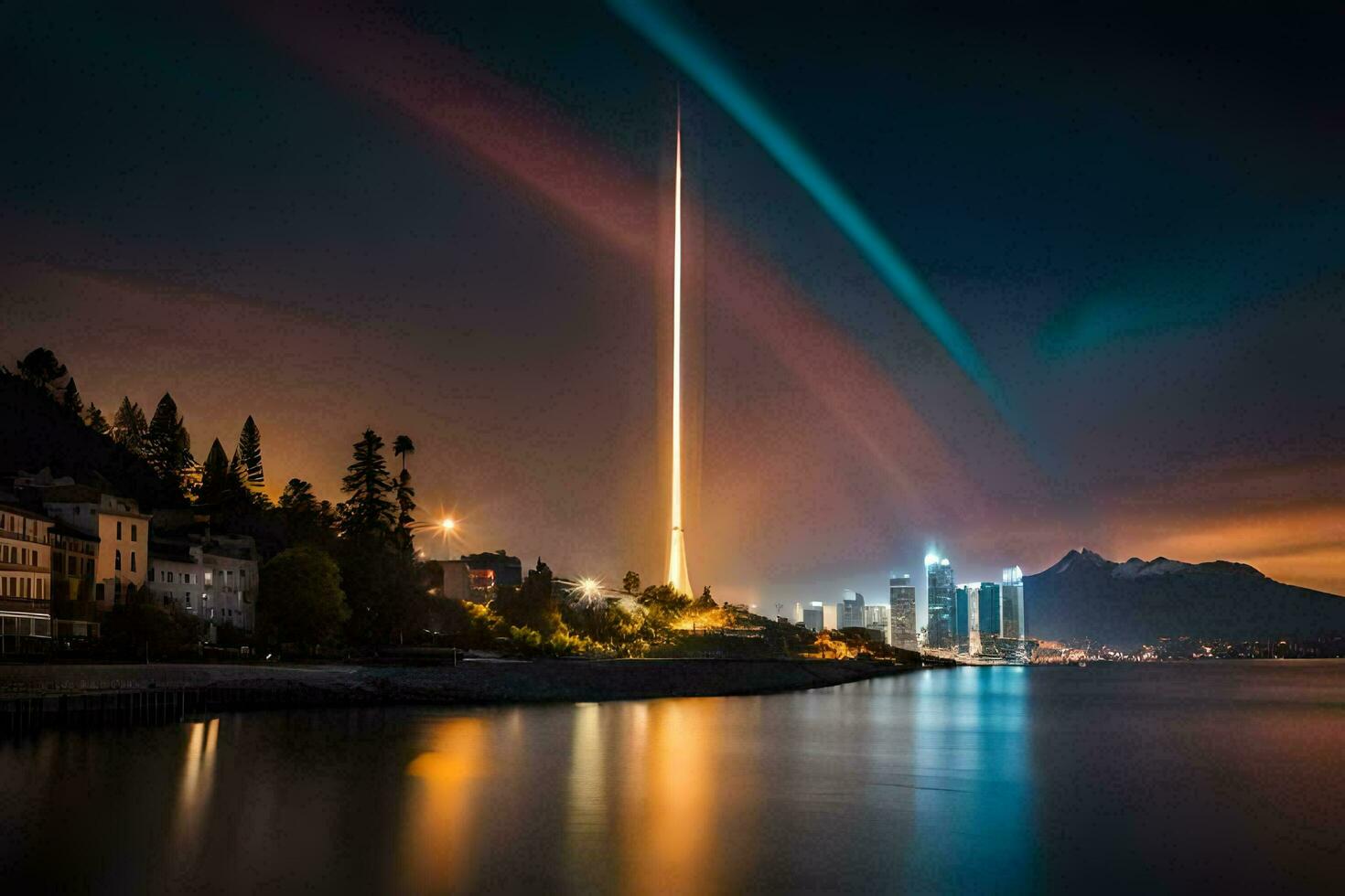 a rainbow is seen over the water at night. AI-Generated photo