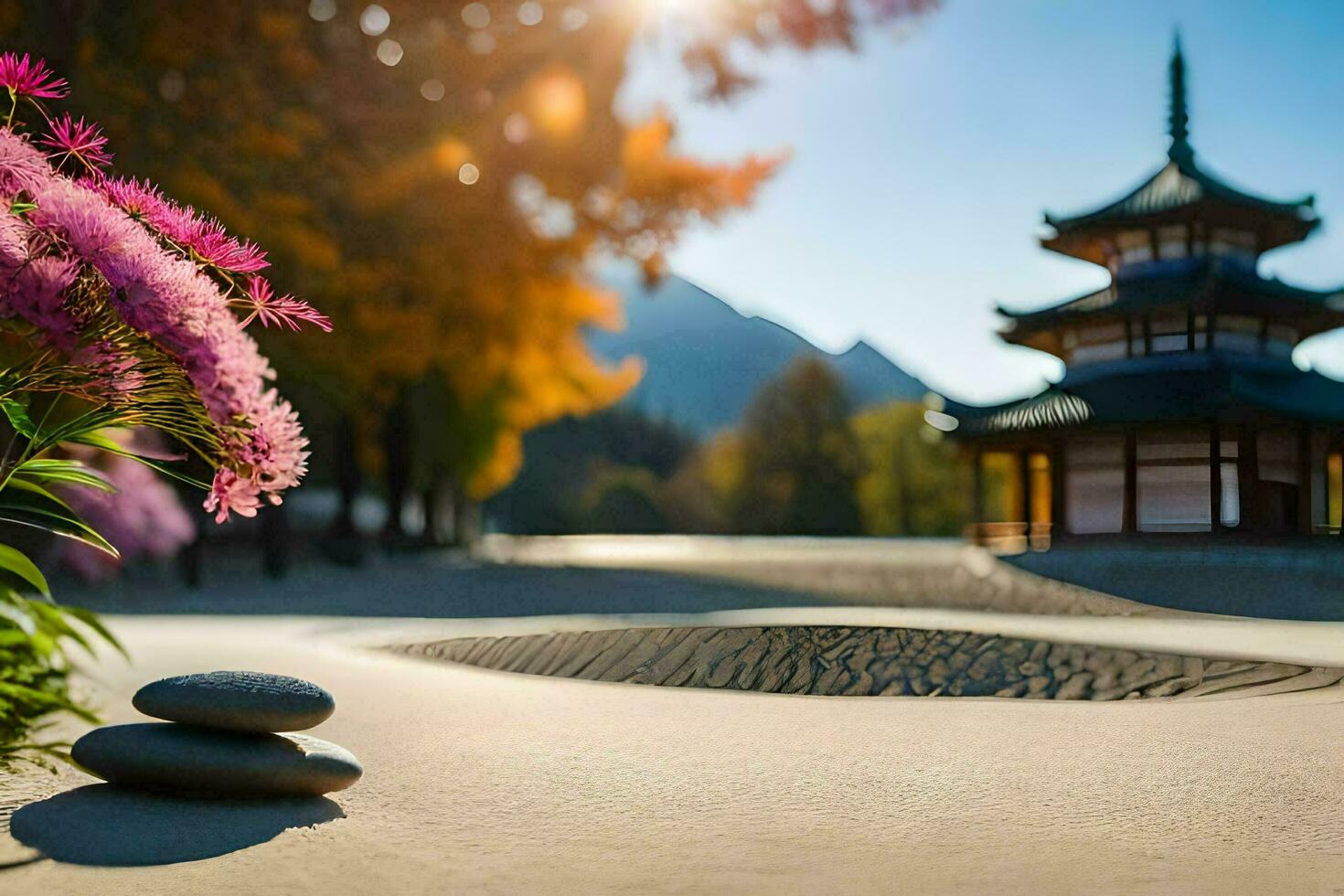 a pagoda and flowers in the sun. AI-Generated photo