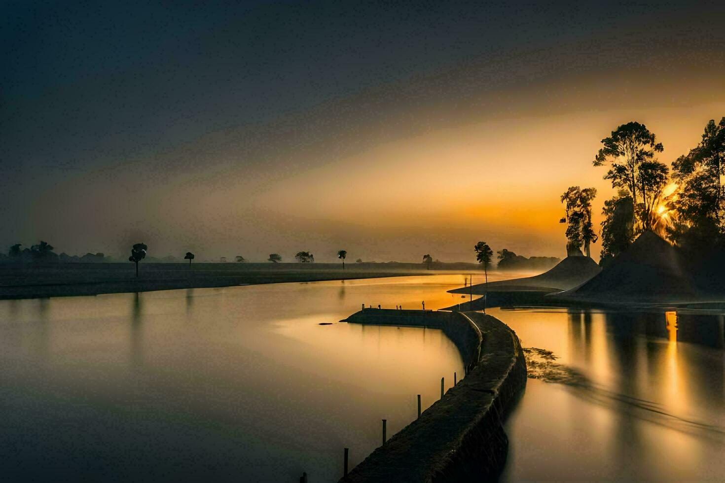 the sun rises over a river in the morning. AI-Generated photo