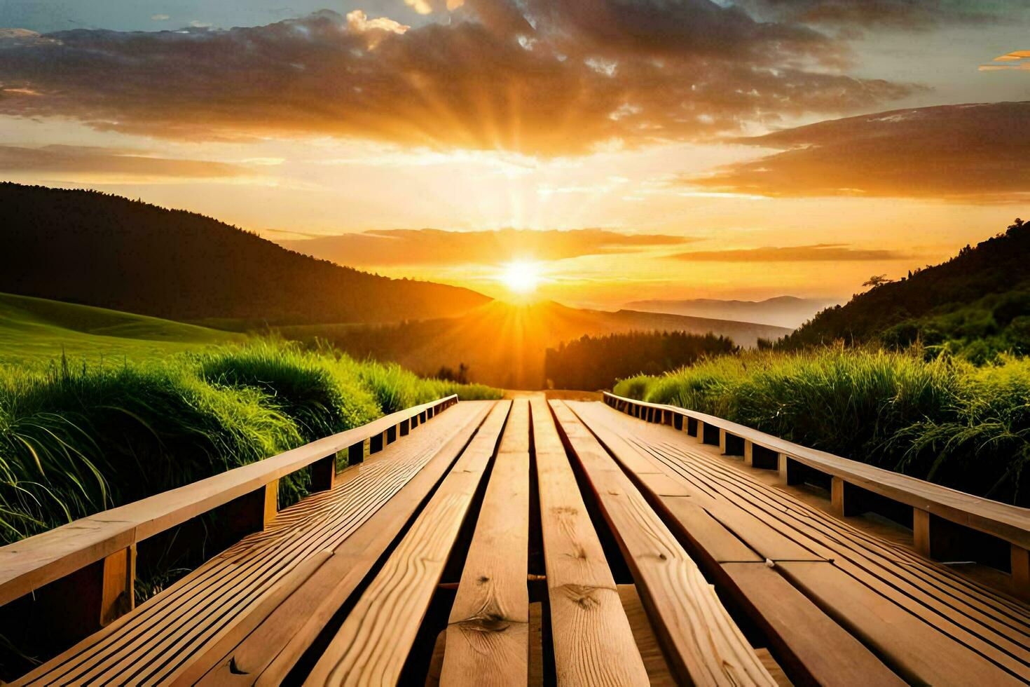 the sun rises over a wooden bridge in the mountains. AI-Generated photo