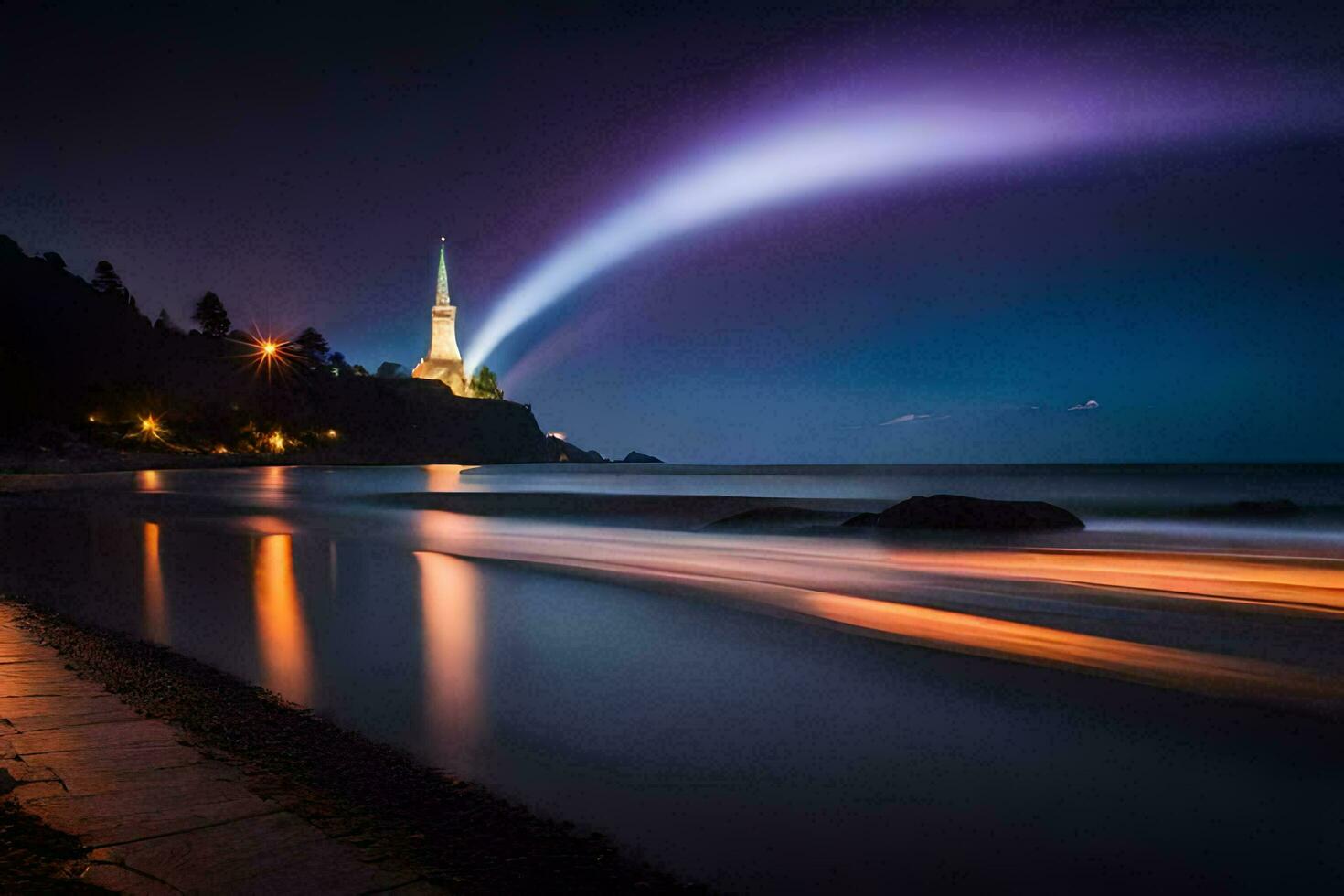 a lighthouse is lit up at night with a long exposure. AI-Generated photo