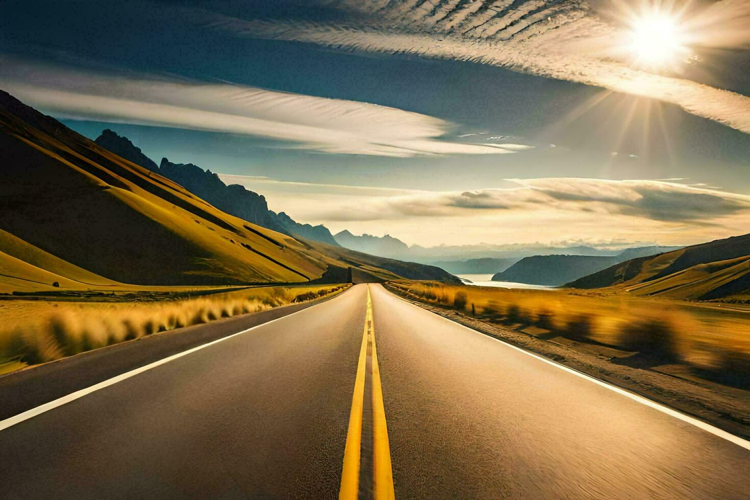 un largo la carretera con el Dom brillante en el antecedentes. generado por ai foto