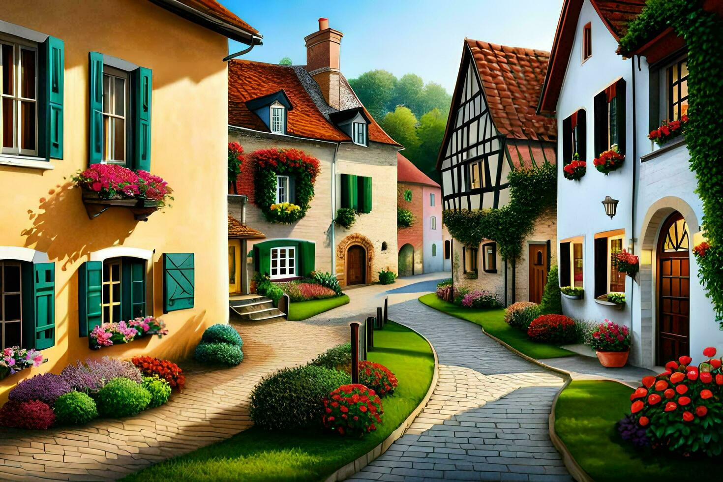 a painting of a street in a small town. AI-Generated photo