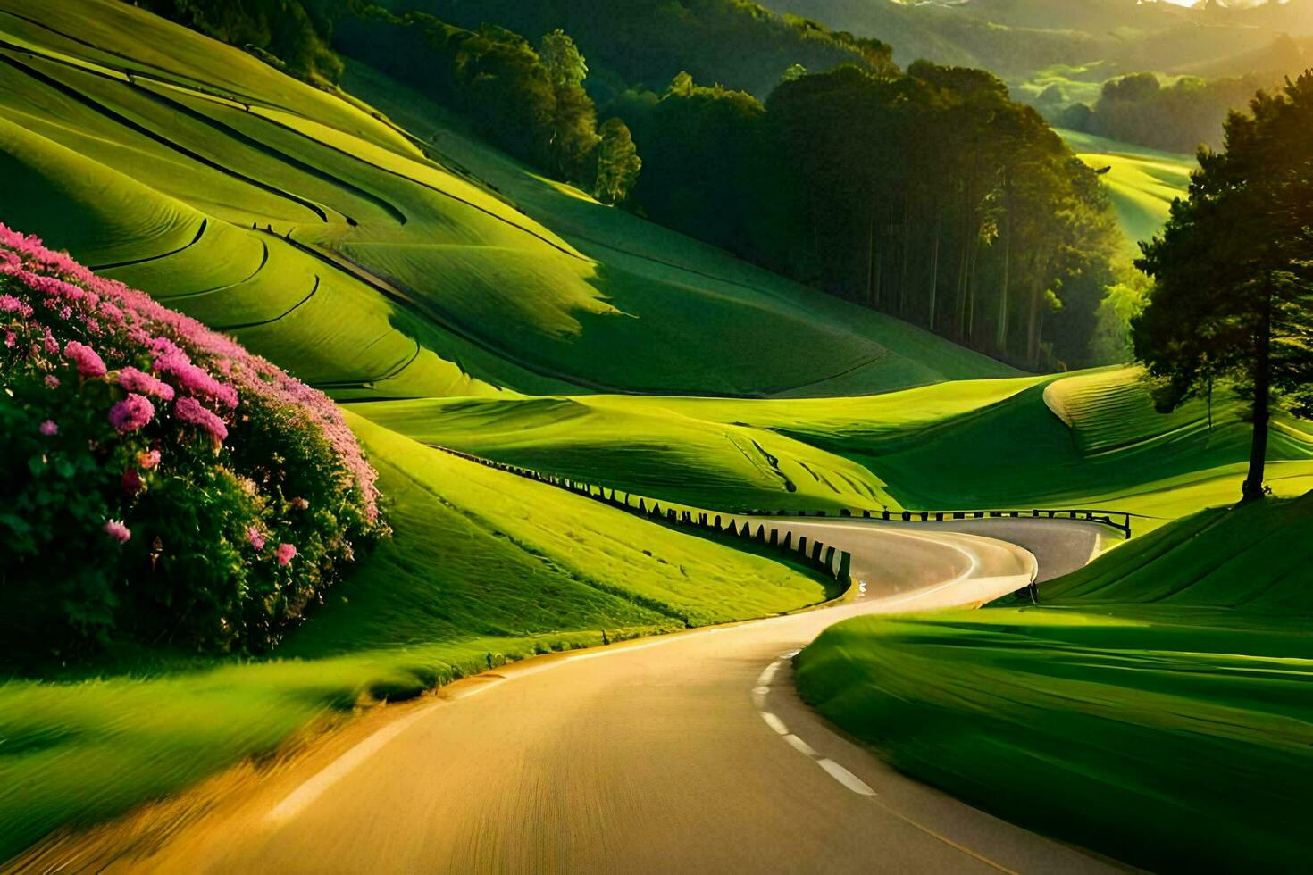 a winding road through a green hillside. AI-Generated photo