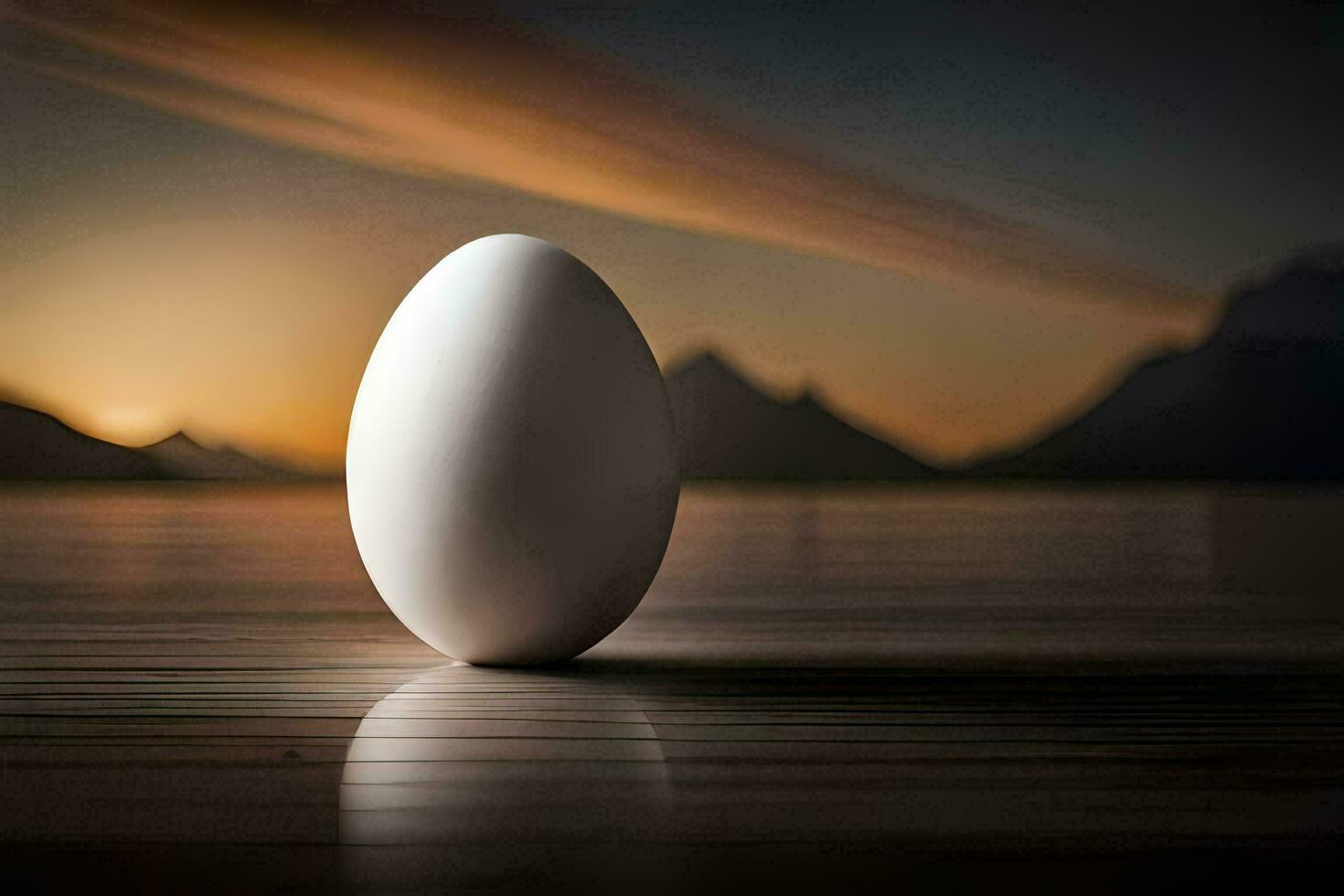 an egg sitting on a table in front of a sunset. AI-Generated photo