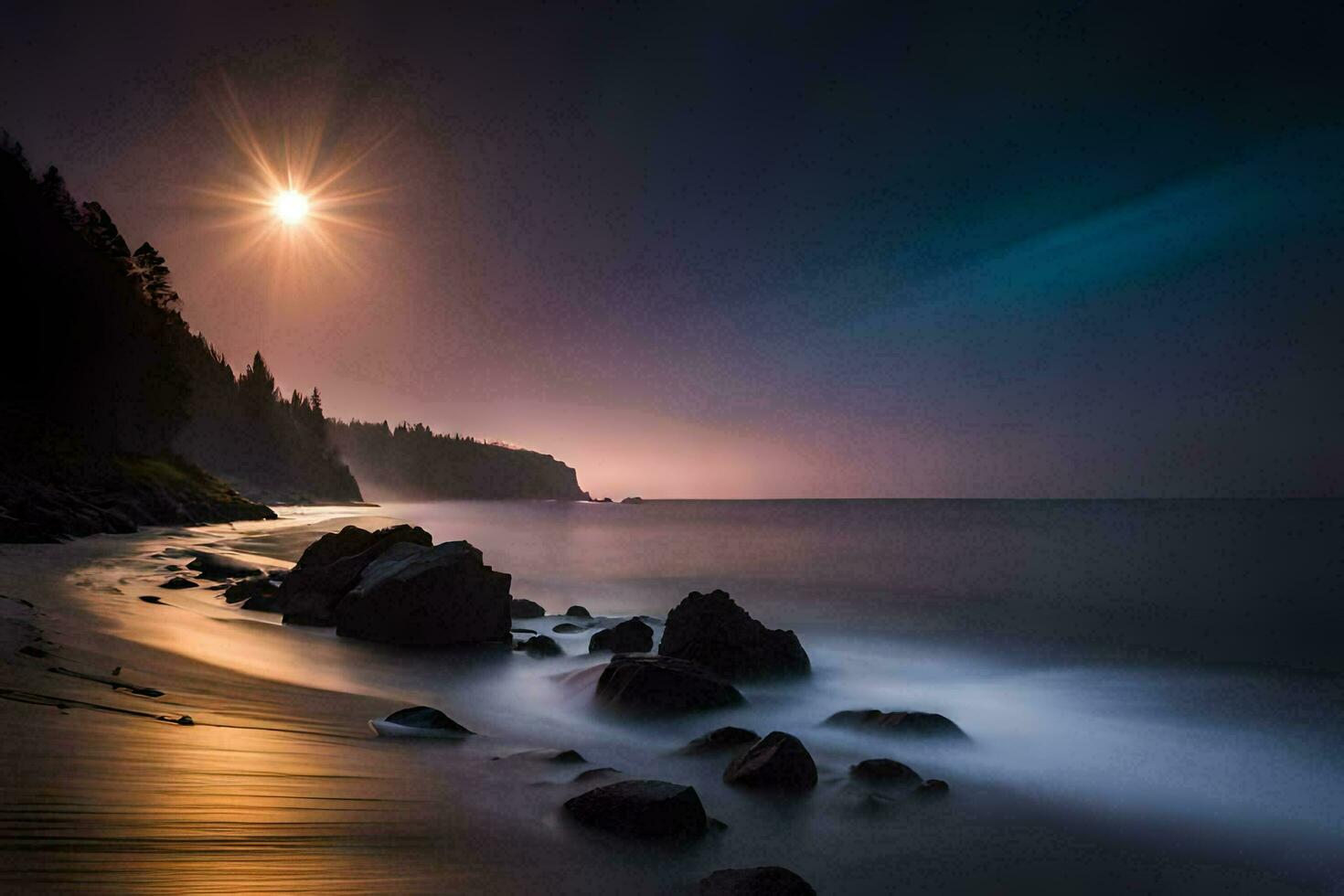a beach at night with rocks and trees. AI-Generated photo