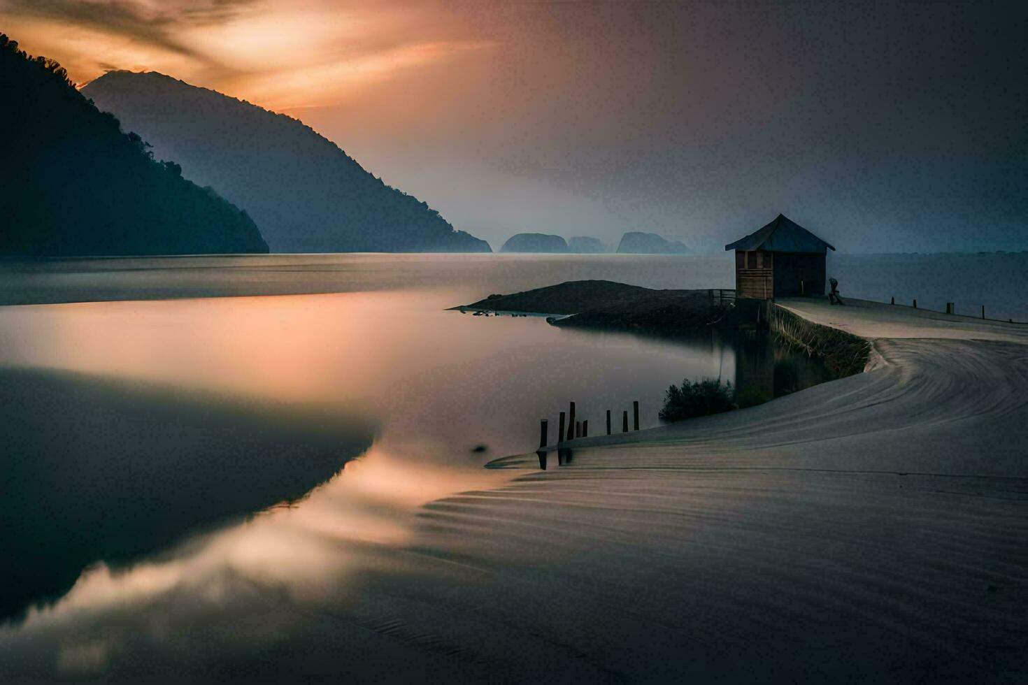 un barco se sienta en el apuntalar de un lago a puesta de sol. generado por ai foto