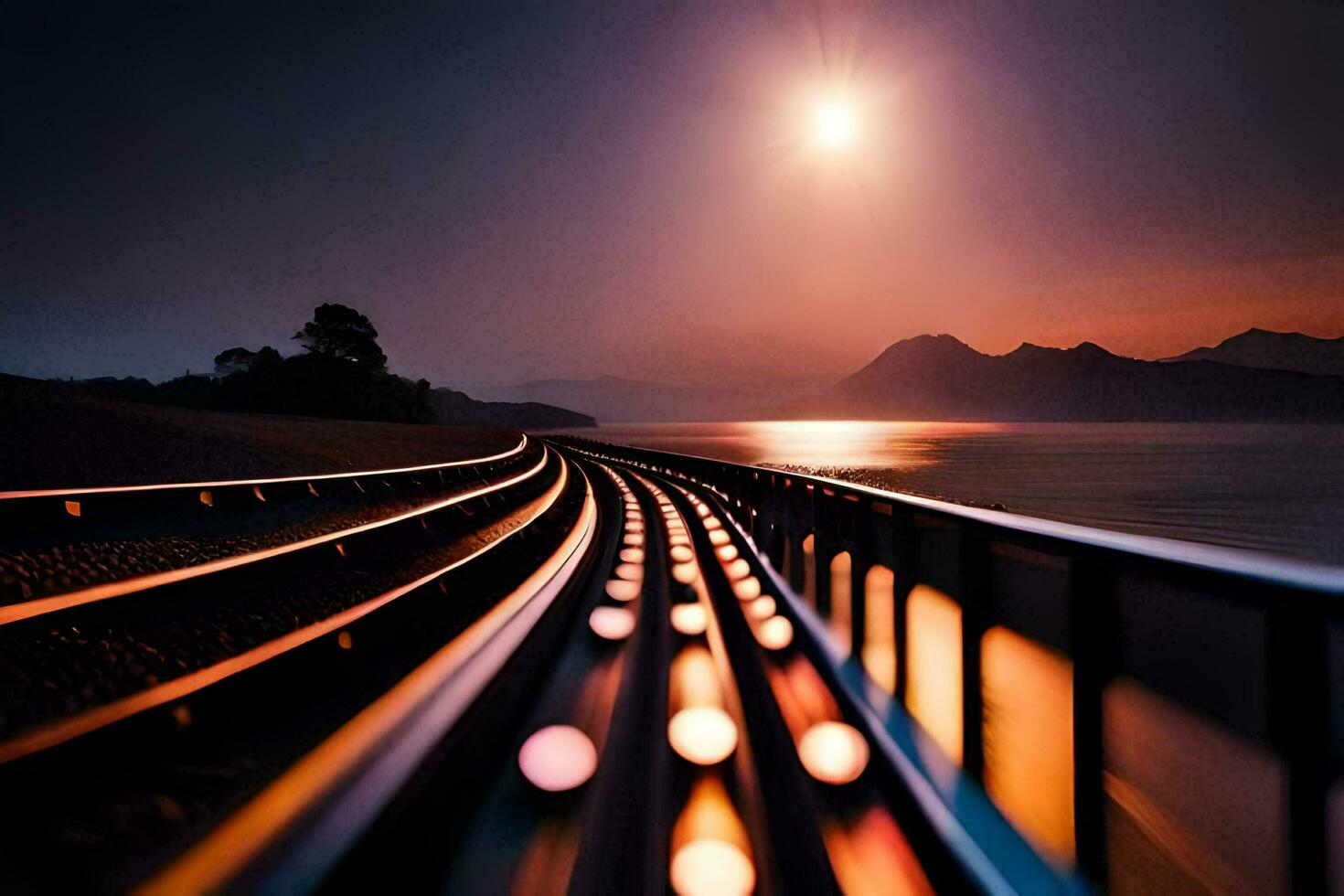 a train track with lights on it at sunset. AI-Generated photo