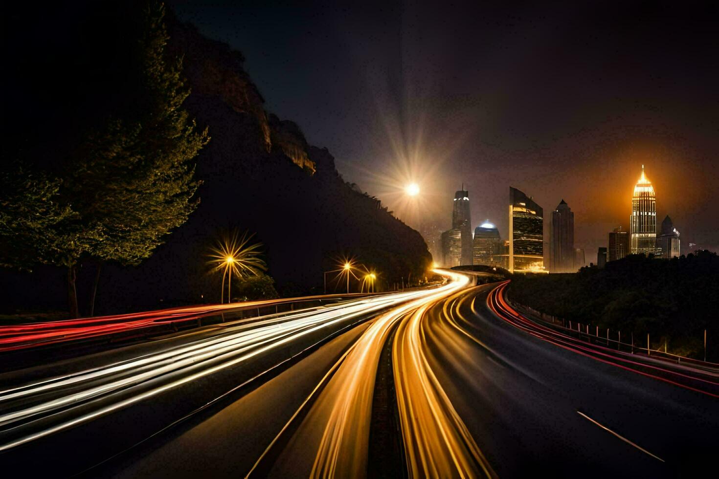 un largo exposición foto de un ciudad a noche. generado por ai