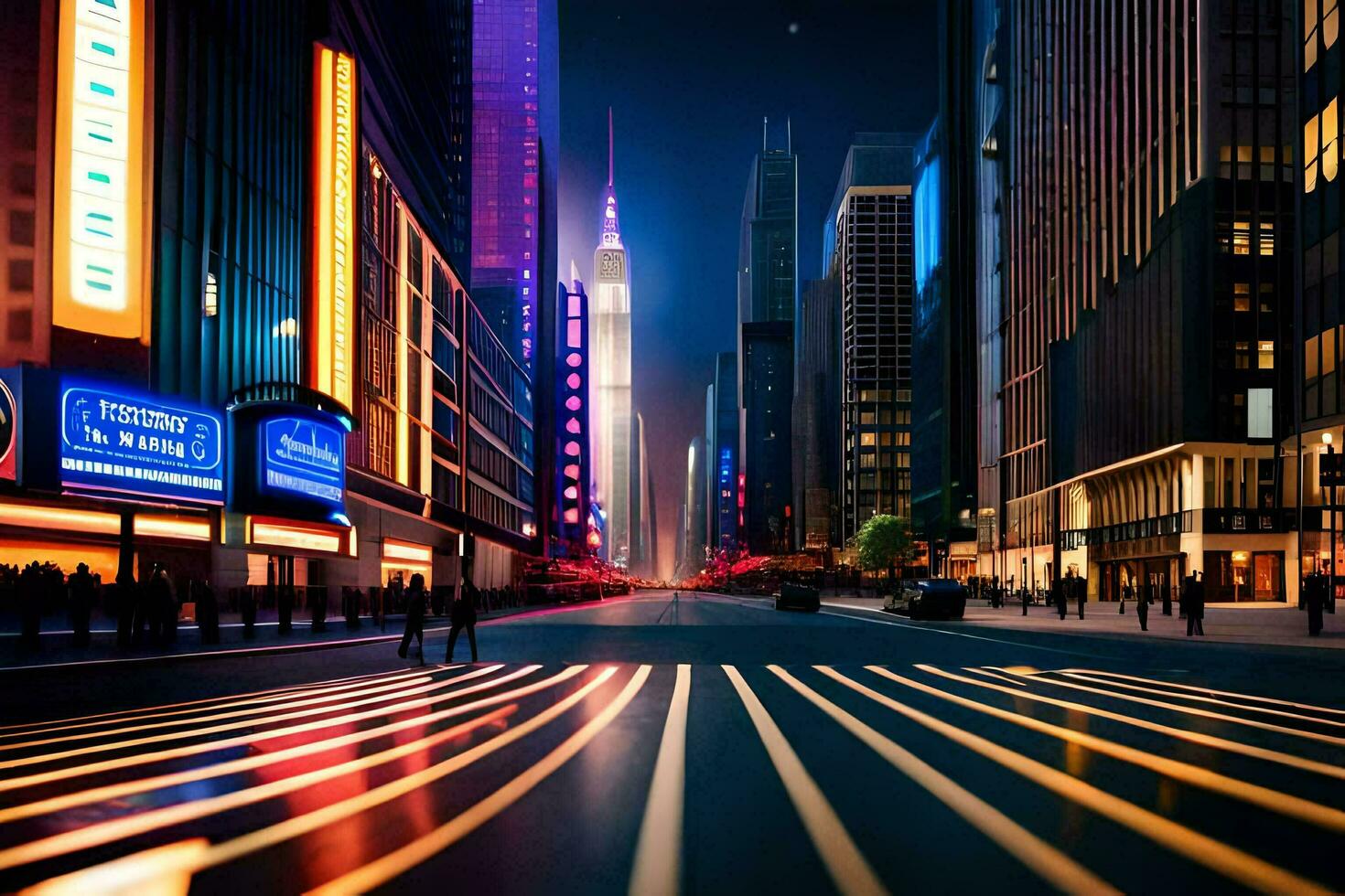 a city street at night with lights on the road. AI-Generated photo