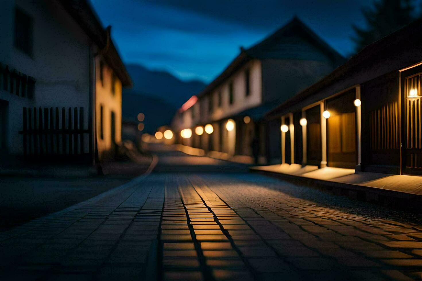 un calle a noche con luces en el edificios generado por ai foto