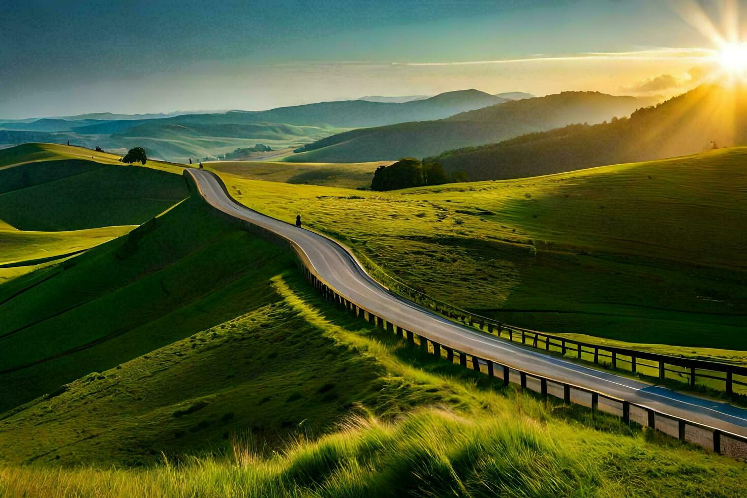 the sun rises over a winding road in the hills. AI-Generated photo
