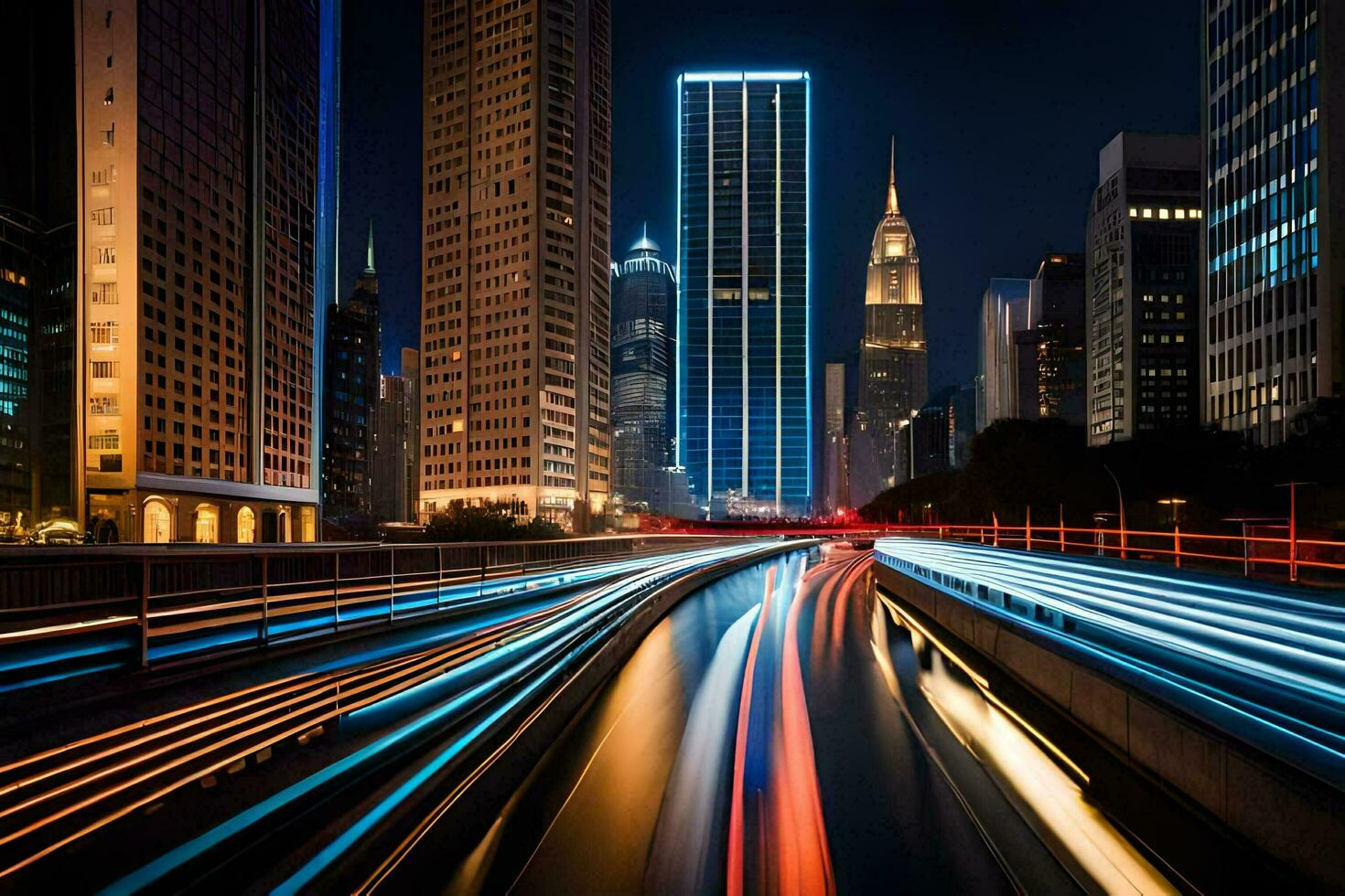 a city street at night with light trails. AI-Generated photo