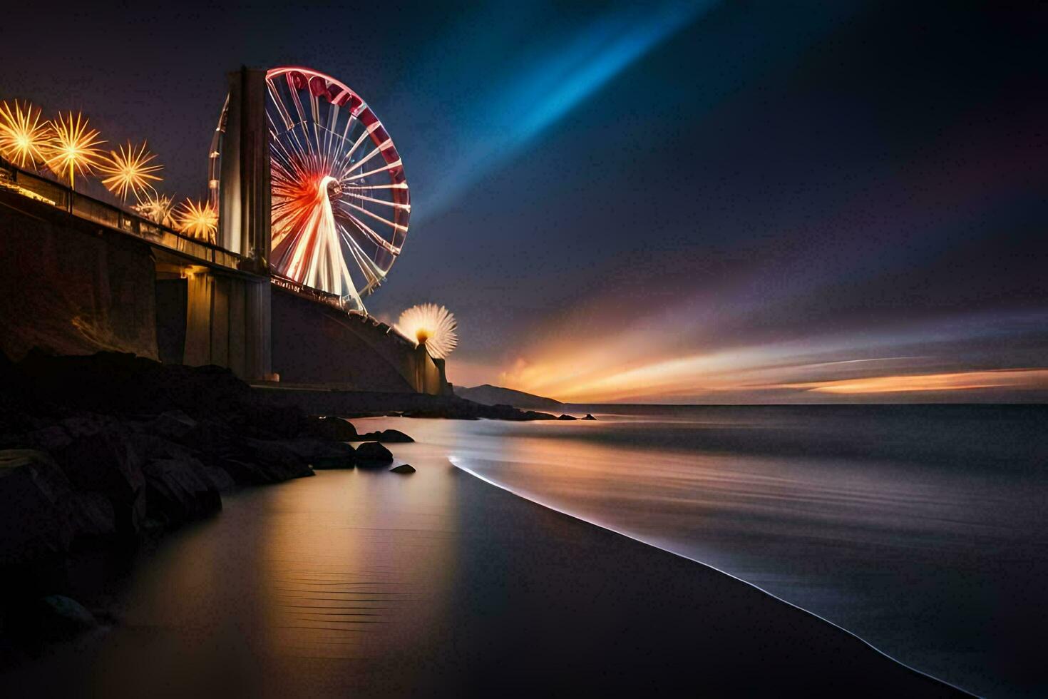 a ferris wheel is lit up at night on the beach. AI-Generated photo
