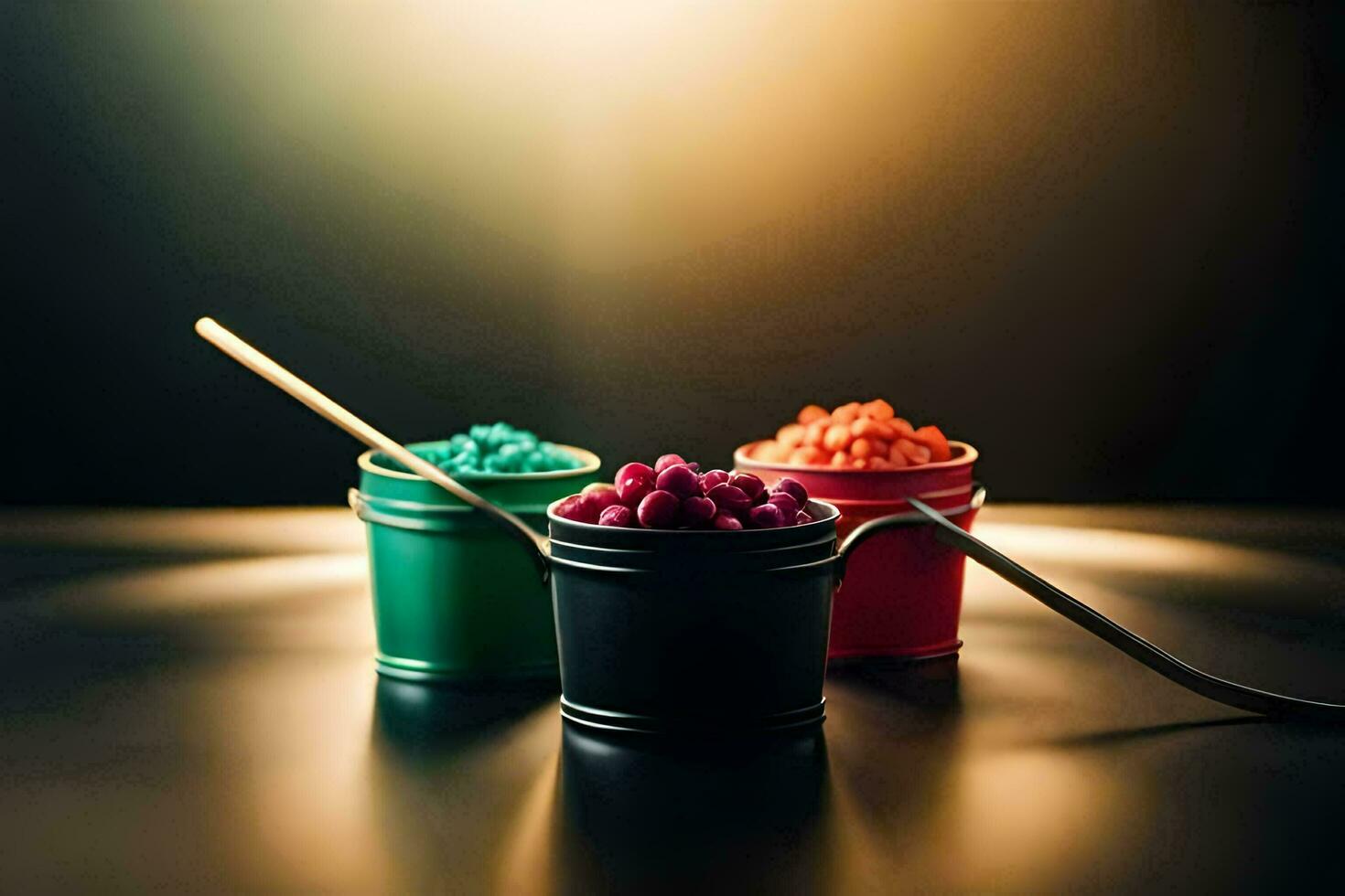 three buckets of colored powder sitting on a table. AI-Generated photo