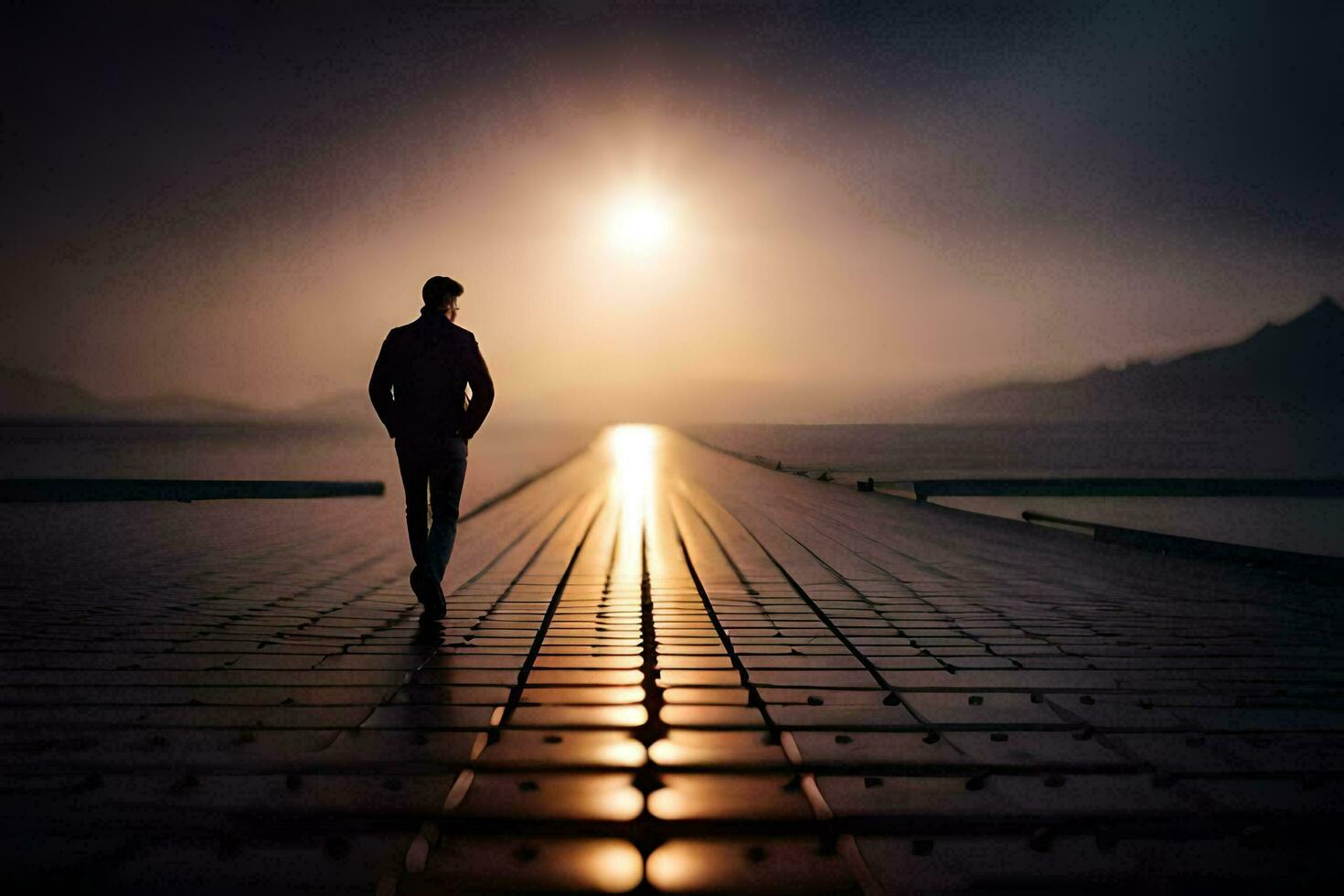 a man walking on a pier at sunset. AI-Generated photo