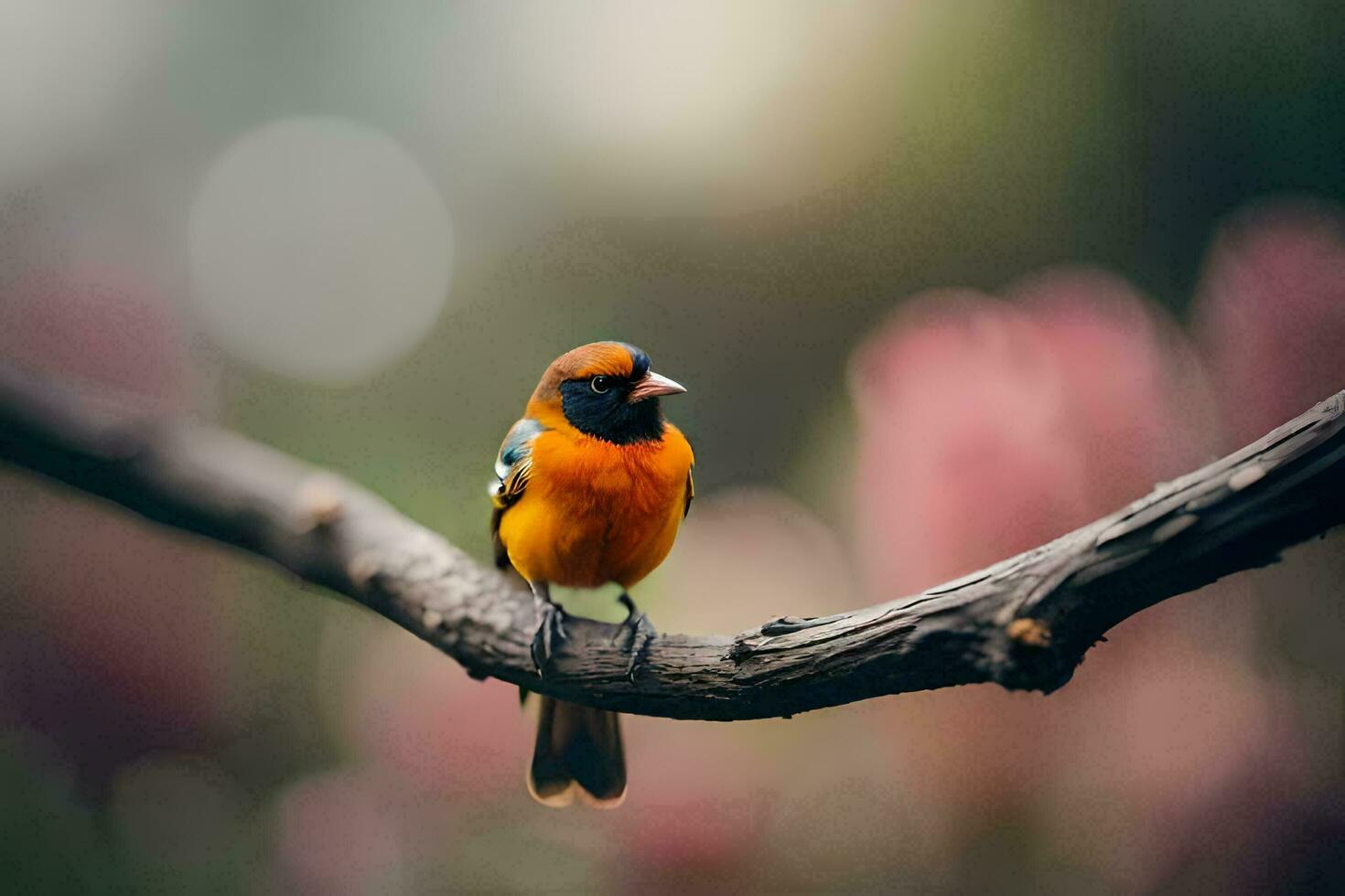 a small orange and black bird sitting on a branch. AI-Generated photo