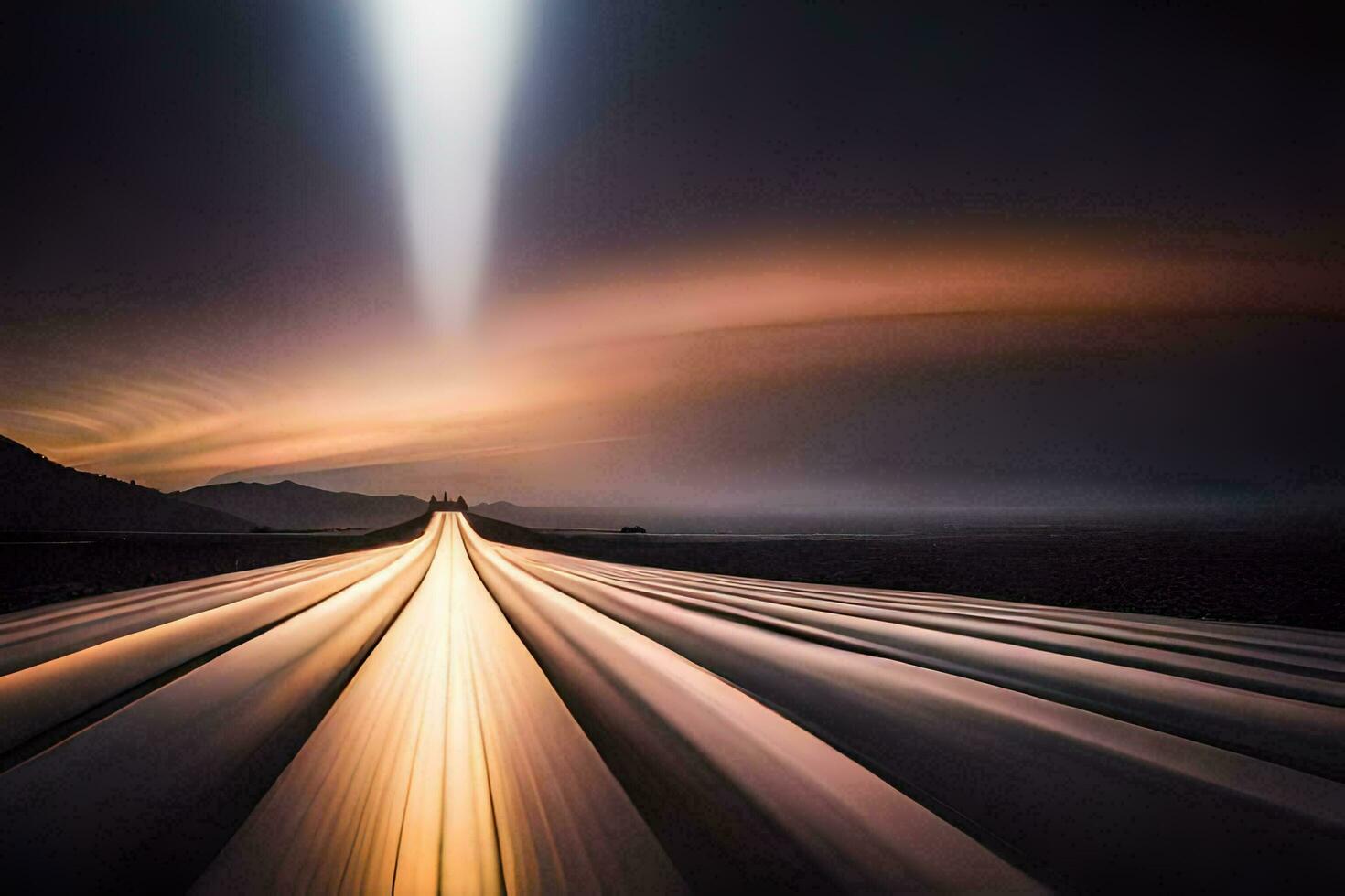 a long exposure photograph of a road with a light shining. AI-Generated photo