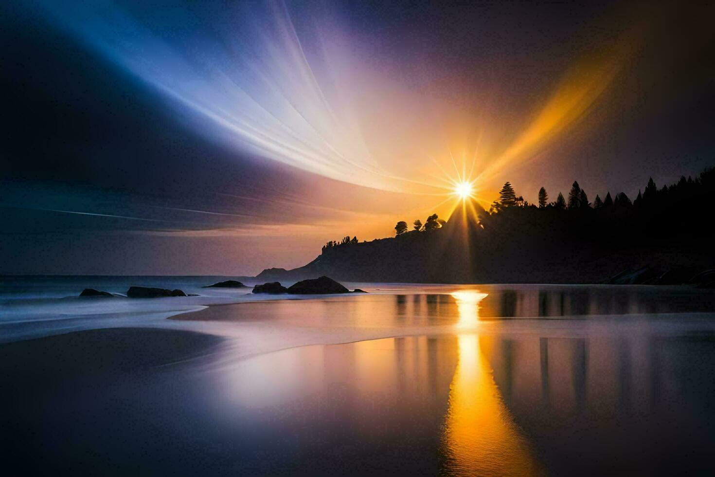 photo wallpaper the sky, the sun, the sea, the beach, the trees, the rocks. AI-Generated