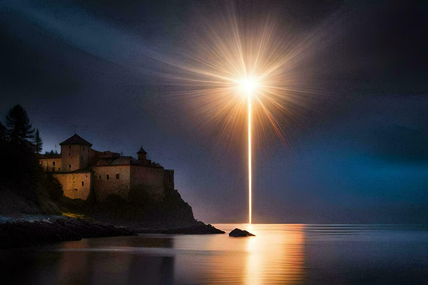 un castillo es visto en el distancia con un ligero brillante desde él. generado por ai foto