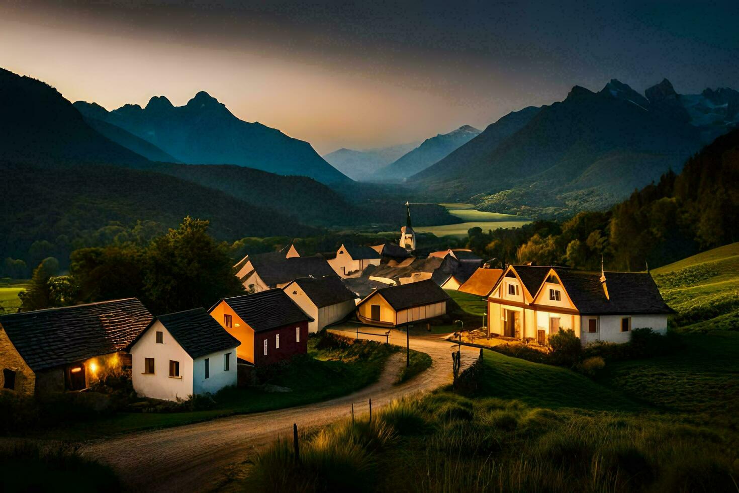 a village in the mountains at dusk. AI-Generated photo