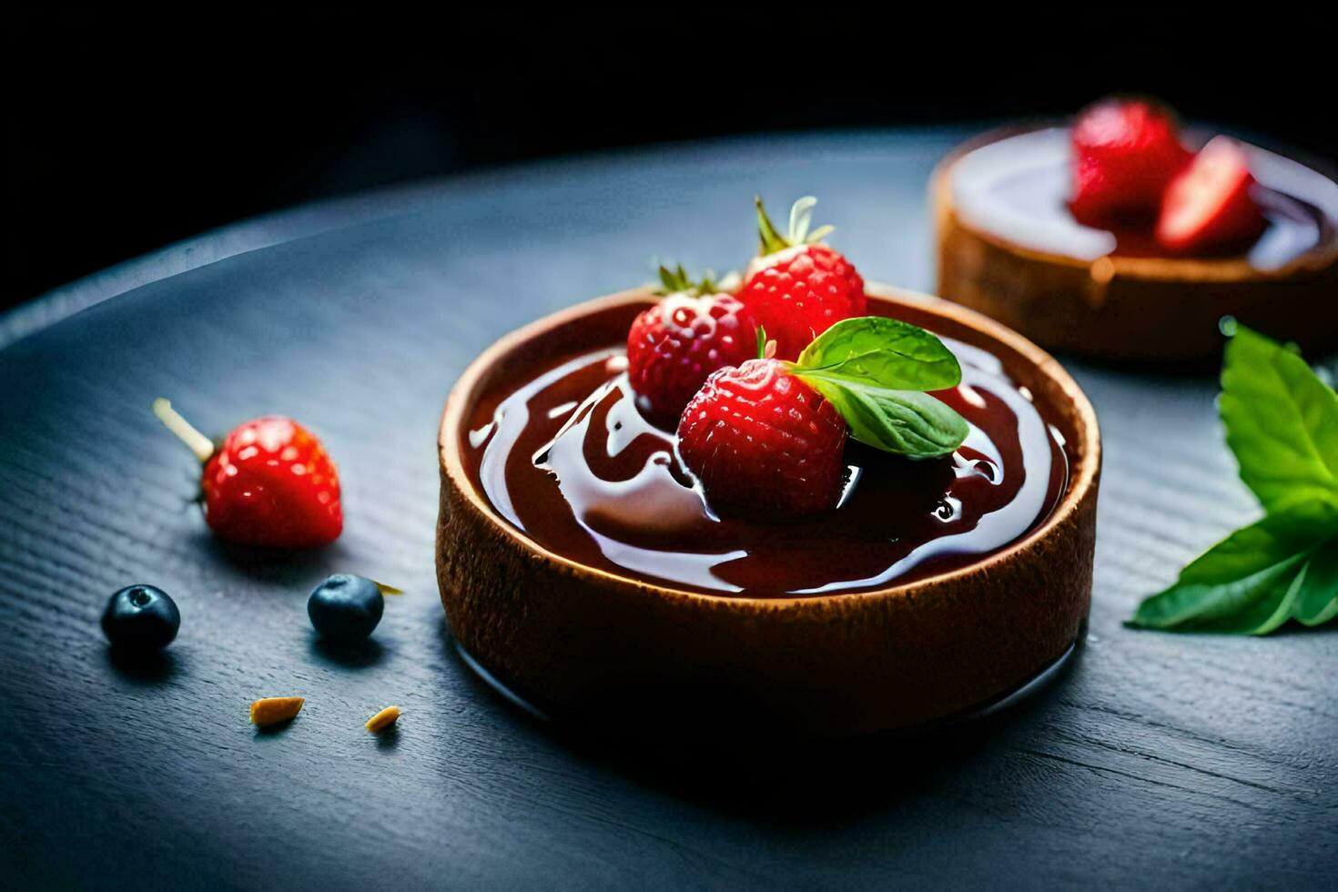chocolate dessert with strawberries and mint leaves. AI-Generated photo