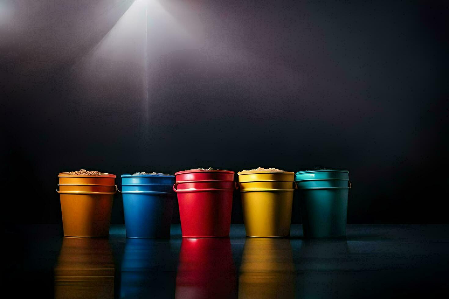 a row of colorful cups on a dark surface. AI-Generated photo